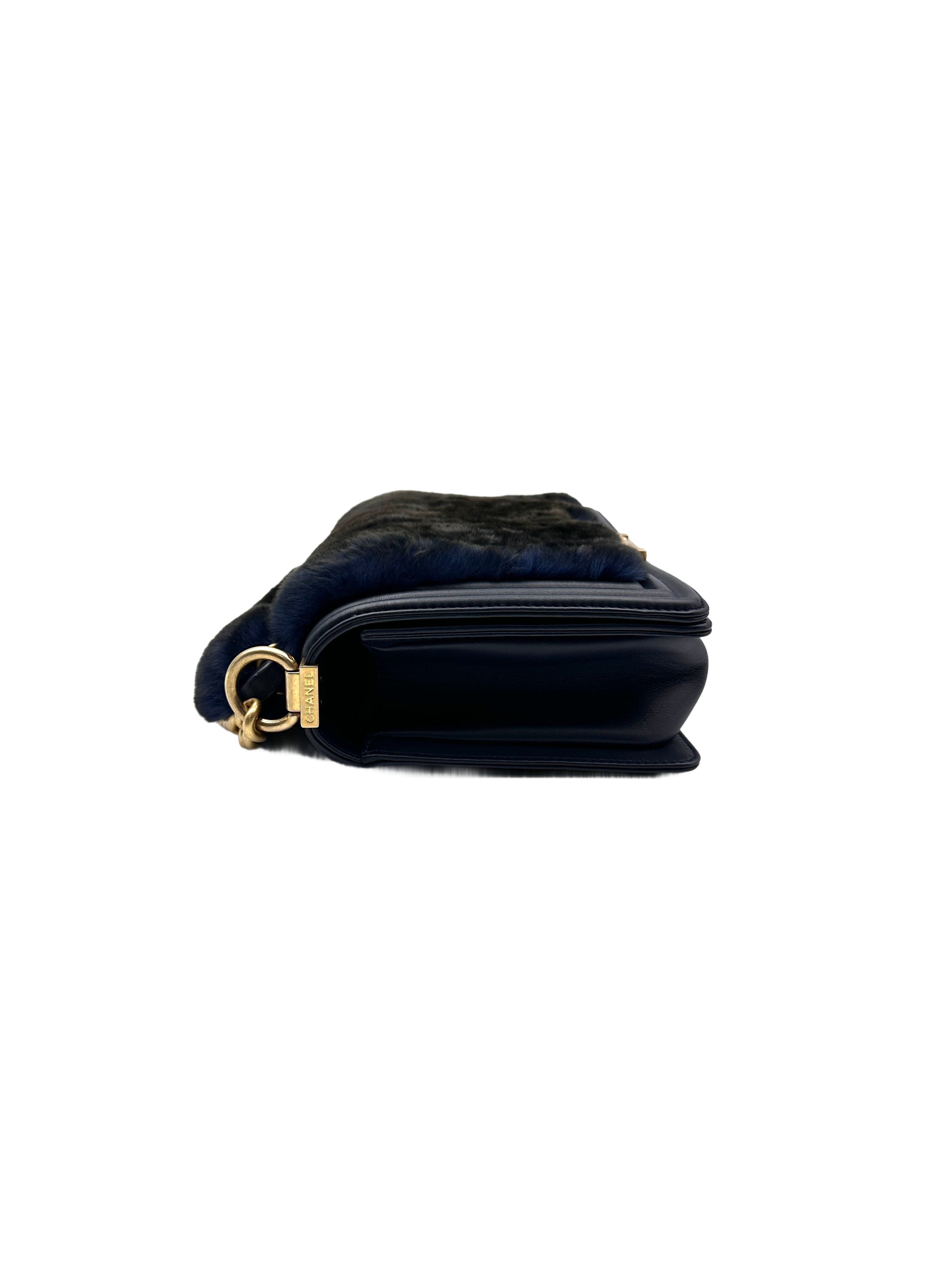 Chanel Rabbit Fur Medium Flap Boy Bag Navy (26***06) CC740