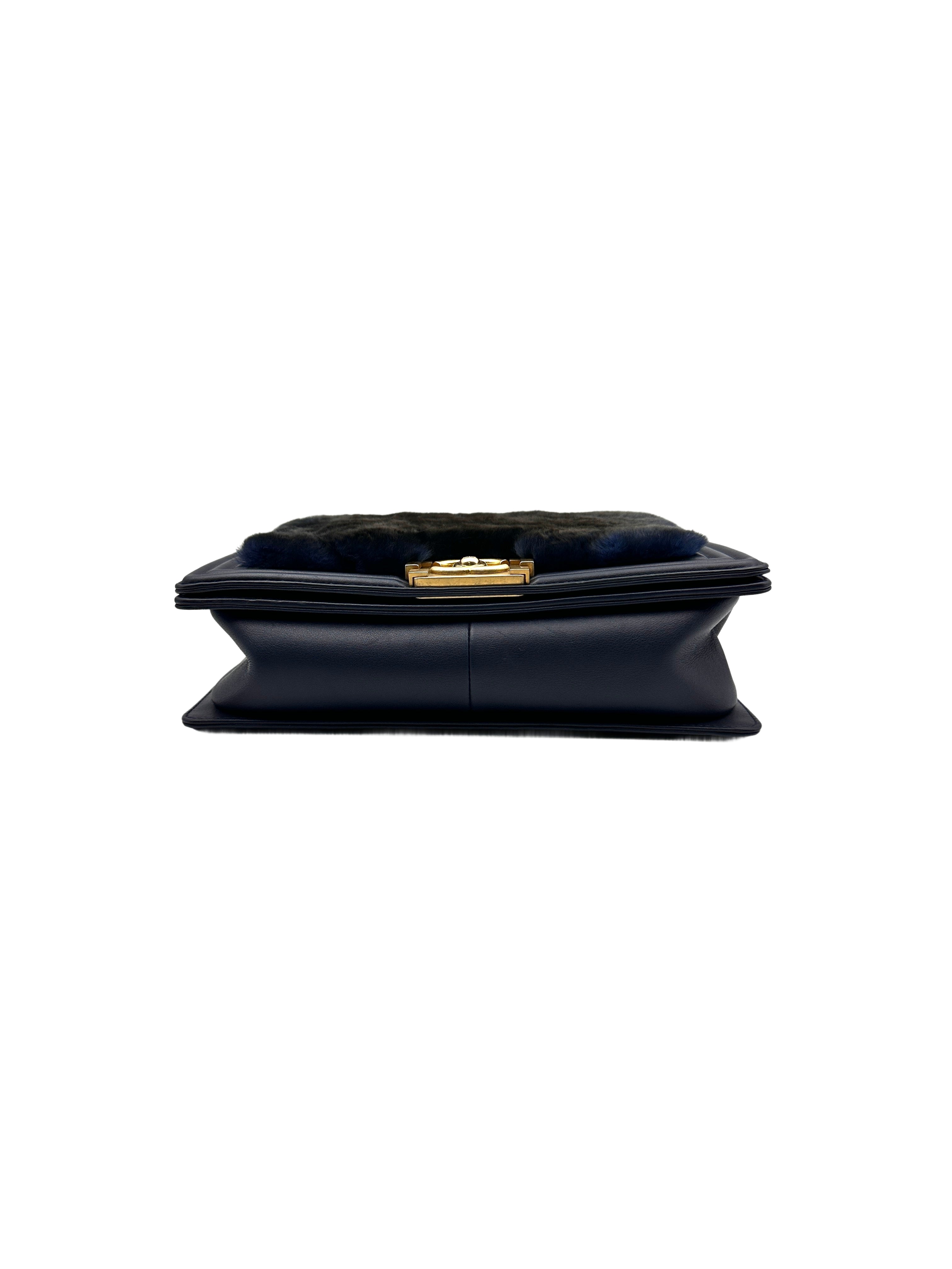Chanel Rabbit Fur Medium Flap Boy Bag Navy (26***06) CC740