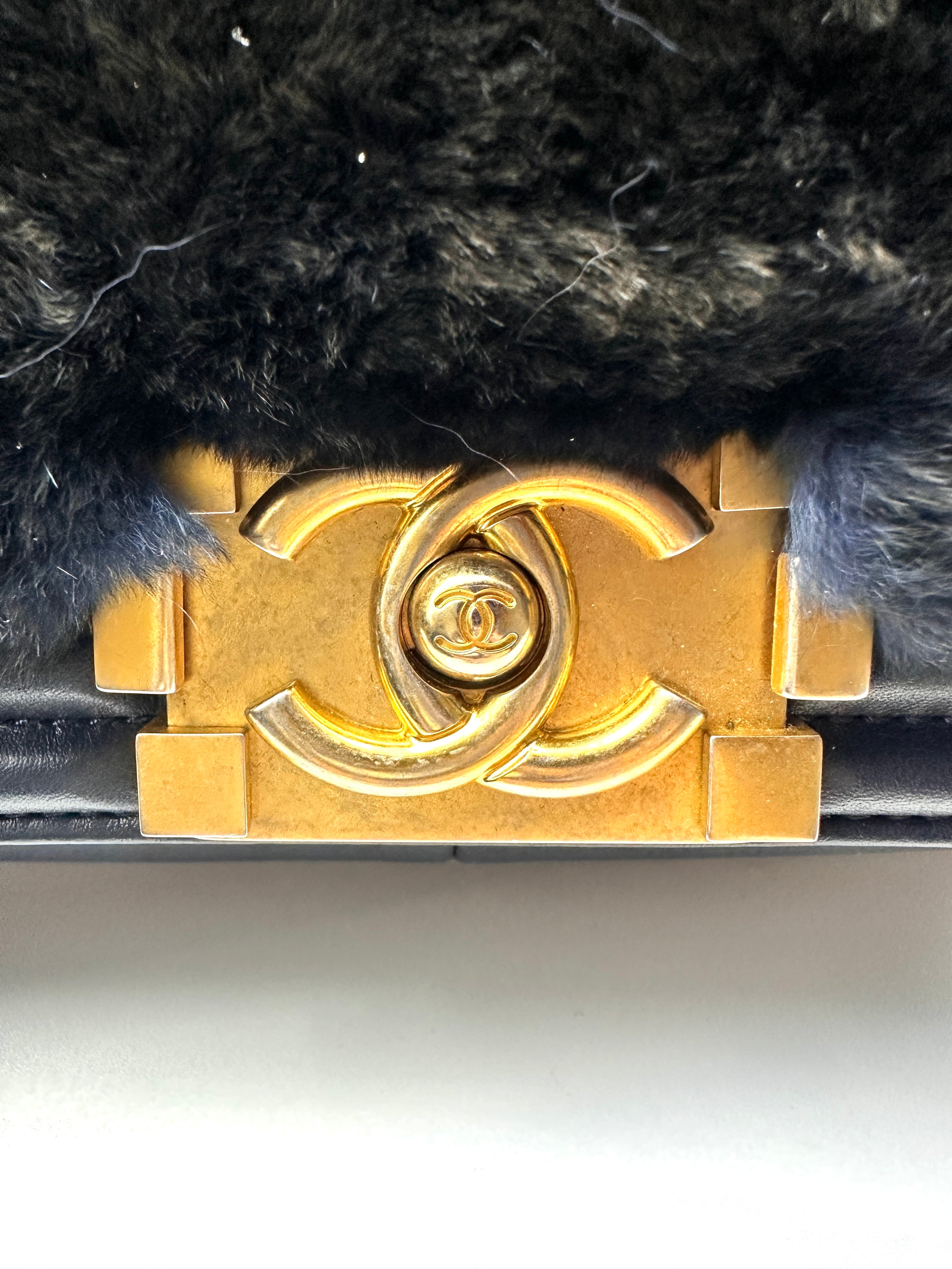 Chanel Rabbit Fur Medium Flap Boy Bag Navy (26***06) CC740