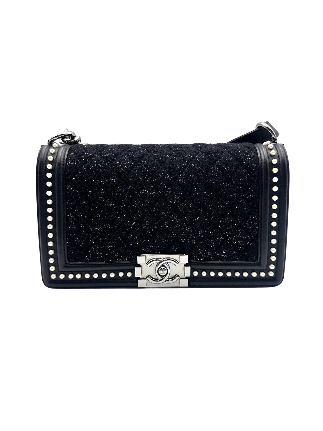 Chanel Tweed with Pearls Medium Boy Black SHW CC749
