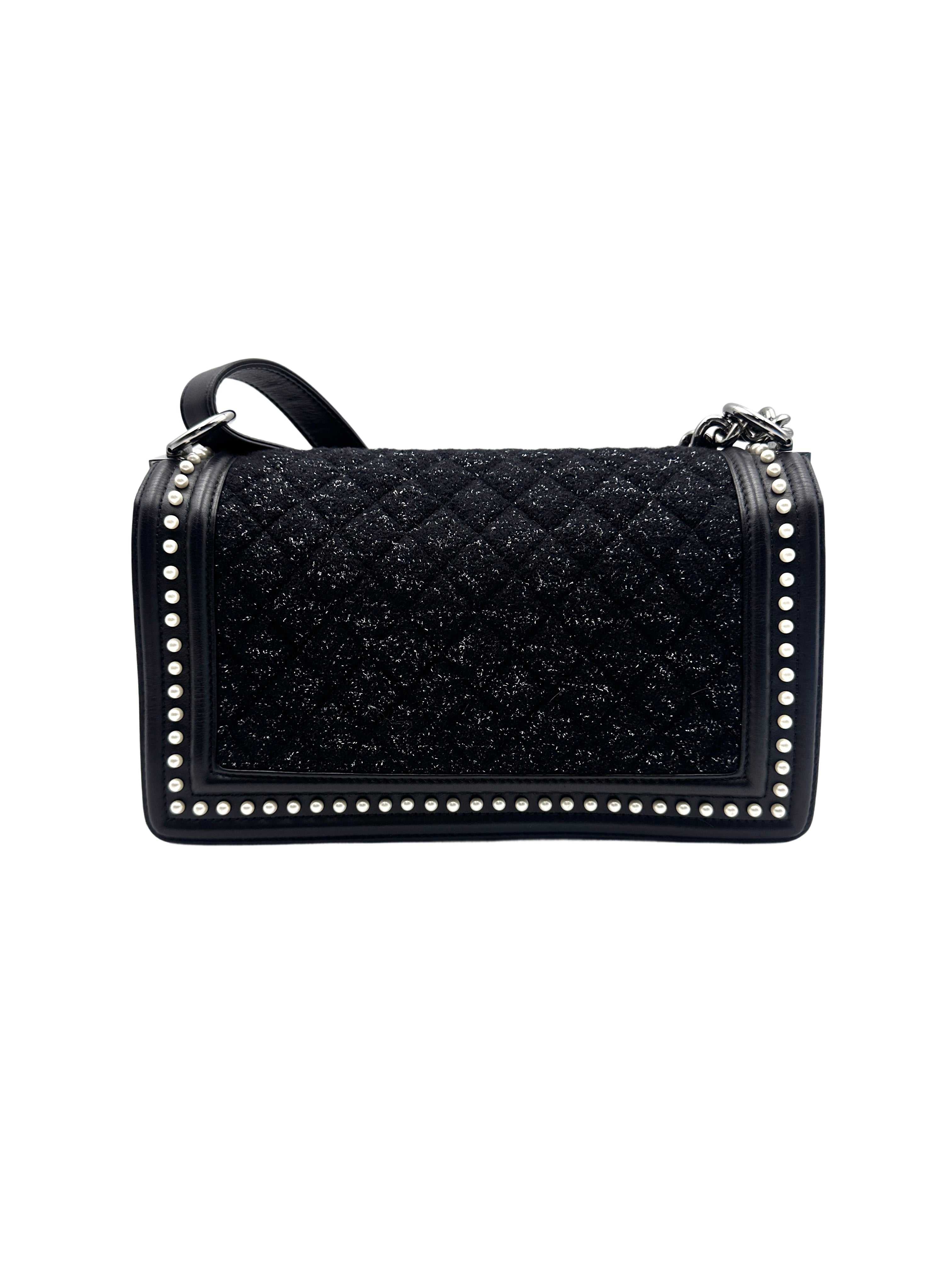 Chanel Tweed with Pearls Medium Boy Black SHW CC749