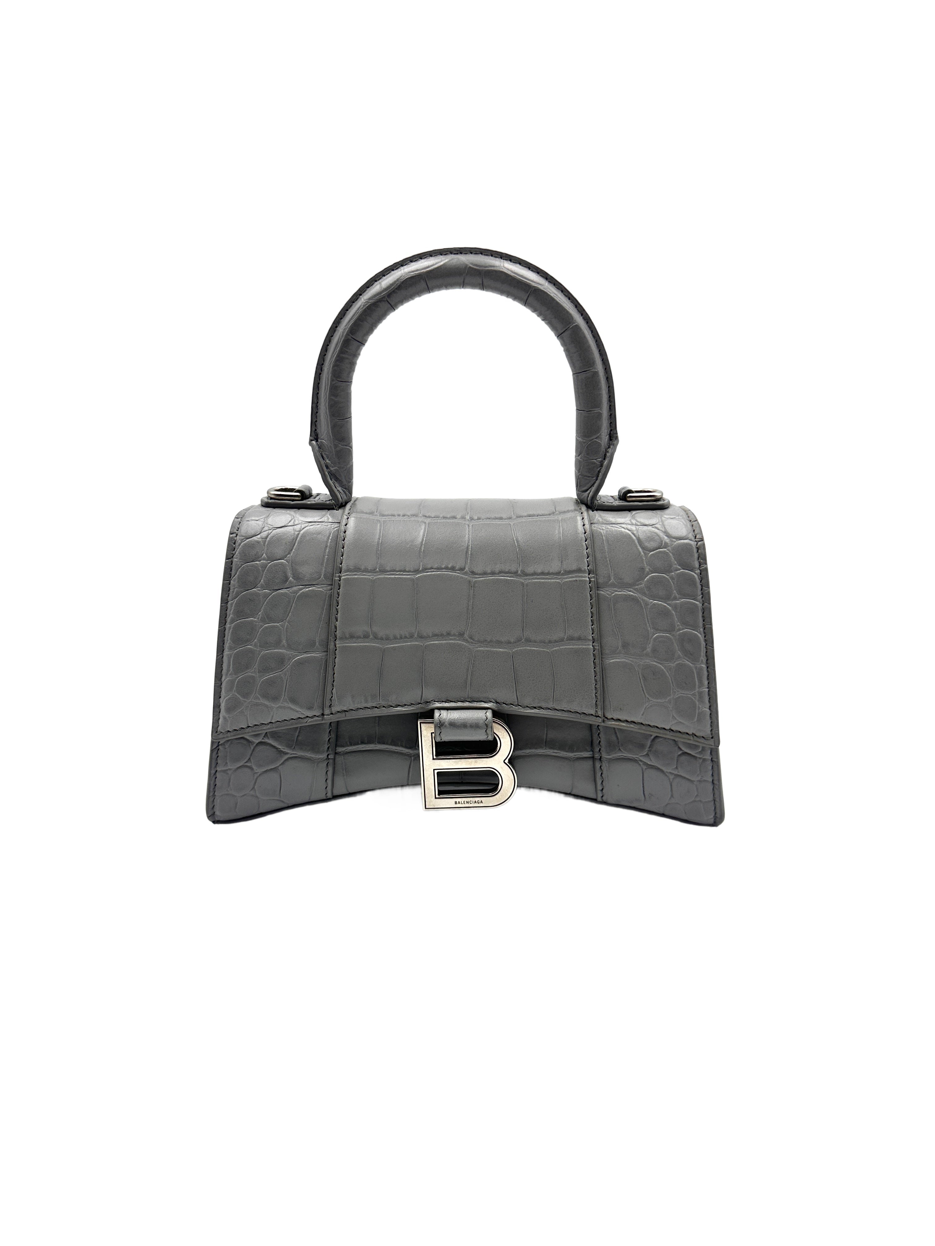 Balenciaga Crocodile Embossed S Hourglass Top Handle Bag Grey BB47