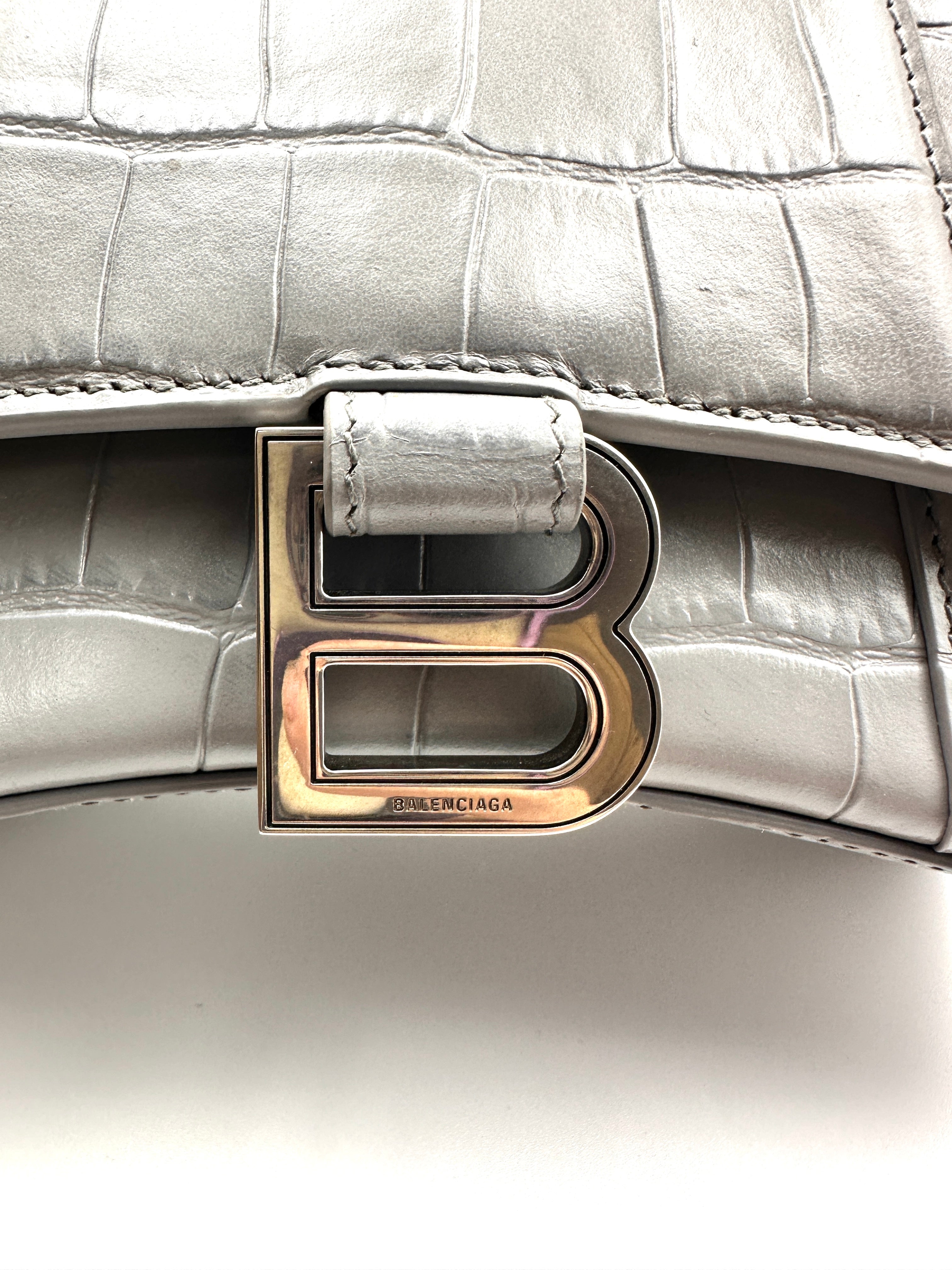 Balenciaga Crocodile Embossed S Hourglass Top Handle Bag Grey BB47