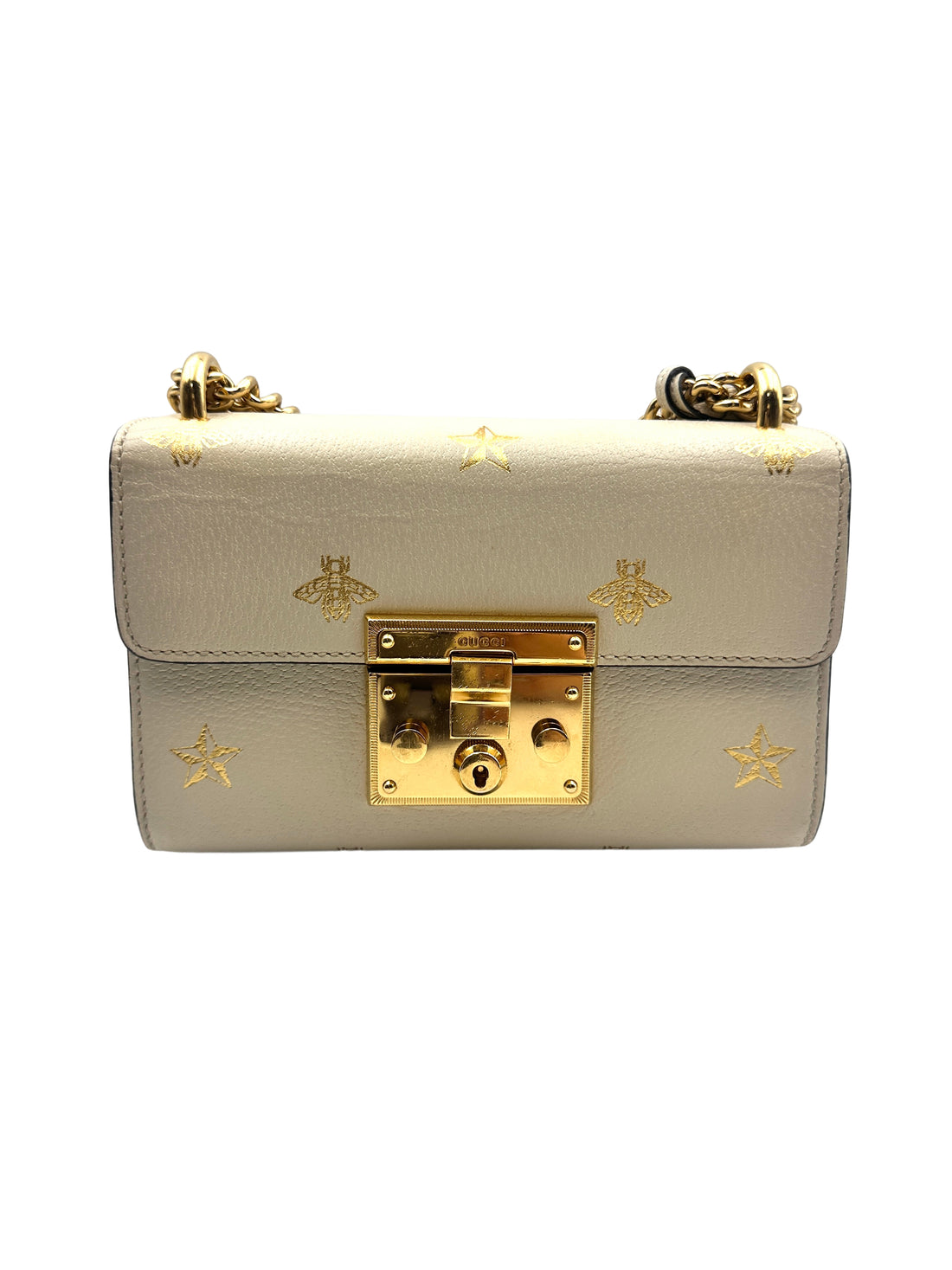Gucci Grained Calfskin Bee Star Small Padlock Shoulder Bag White GG507