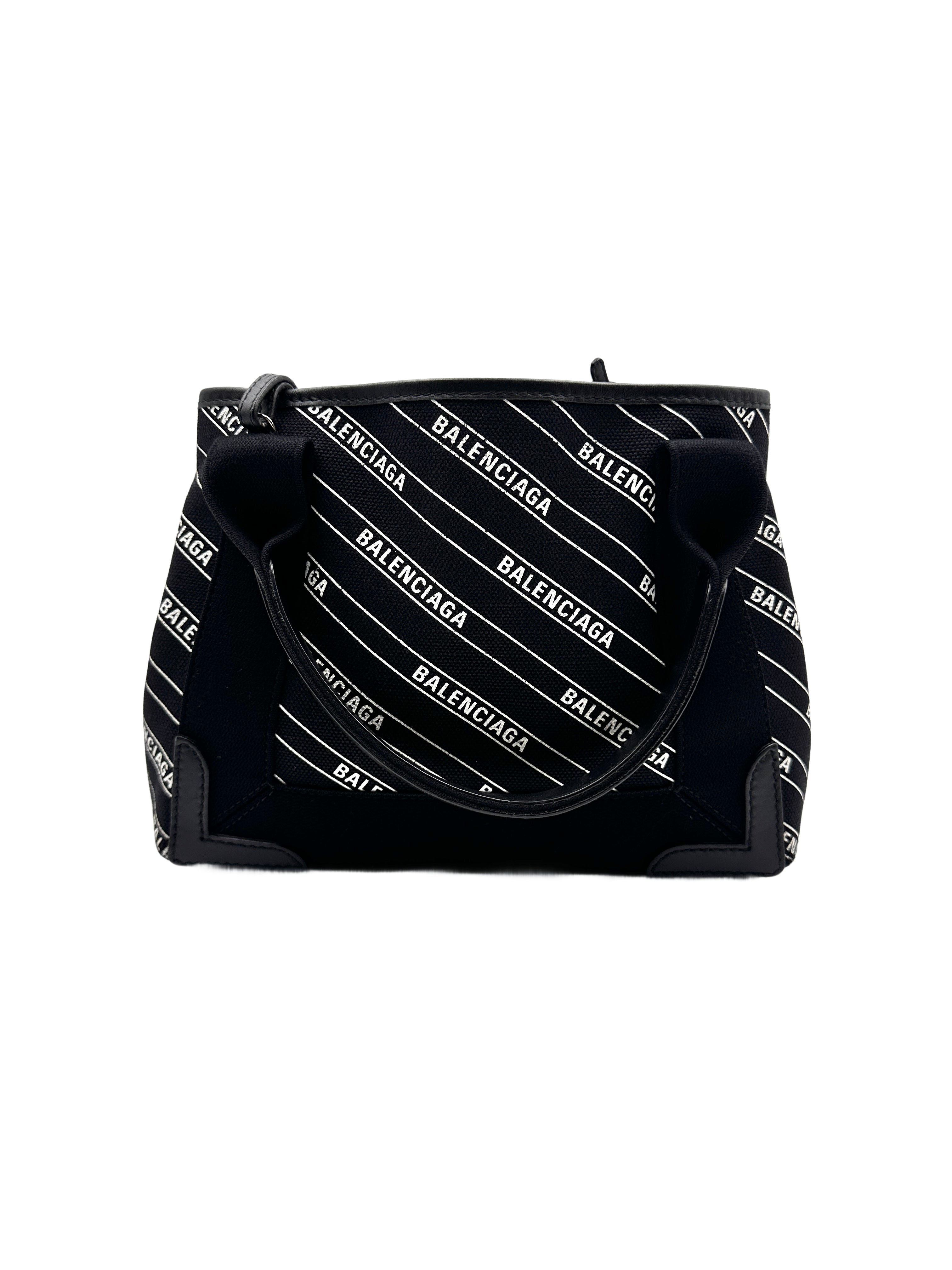 Balenciaga Calfskin Cotton Canvas Logo Print Navy Cabas XS Black/White BB46