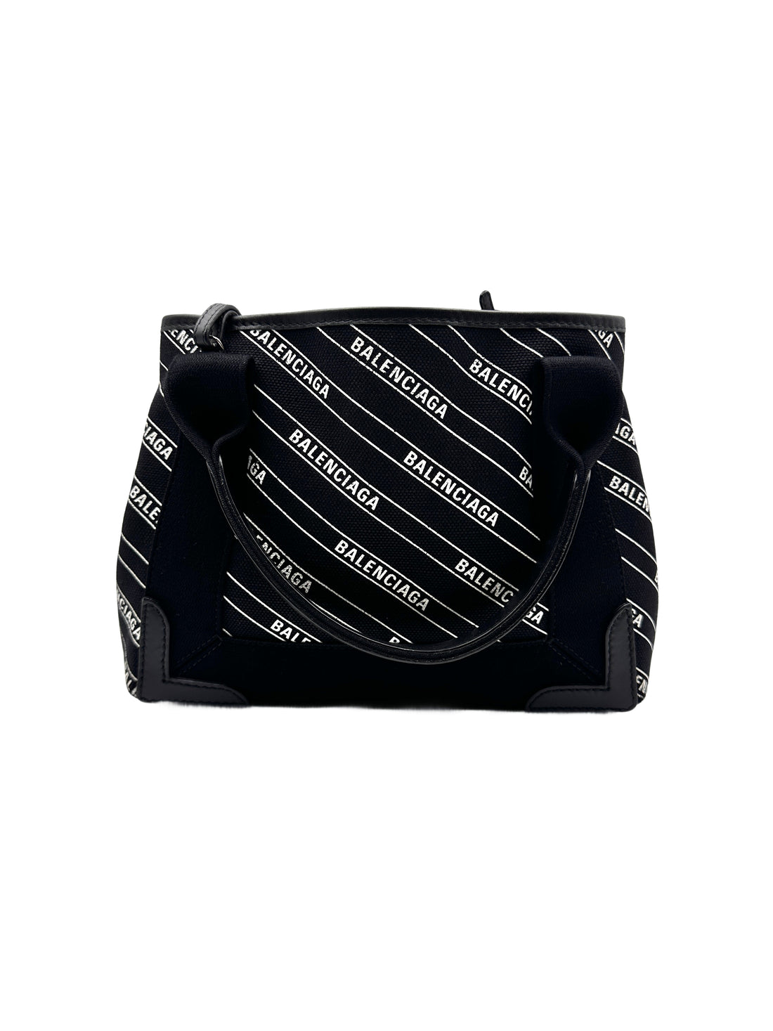 Balenciaga Calfskin Cotton Canvas Logo Print Navy Cabas XS Black/White BB46
