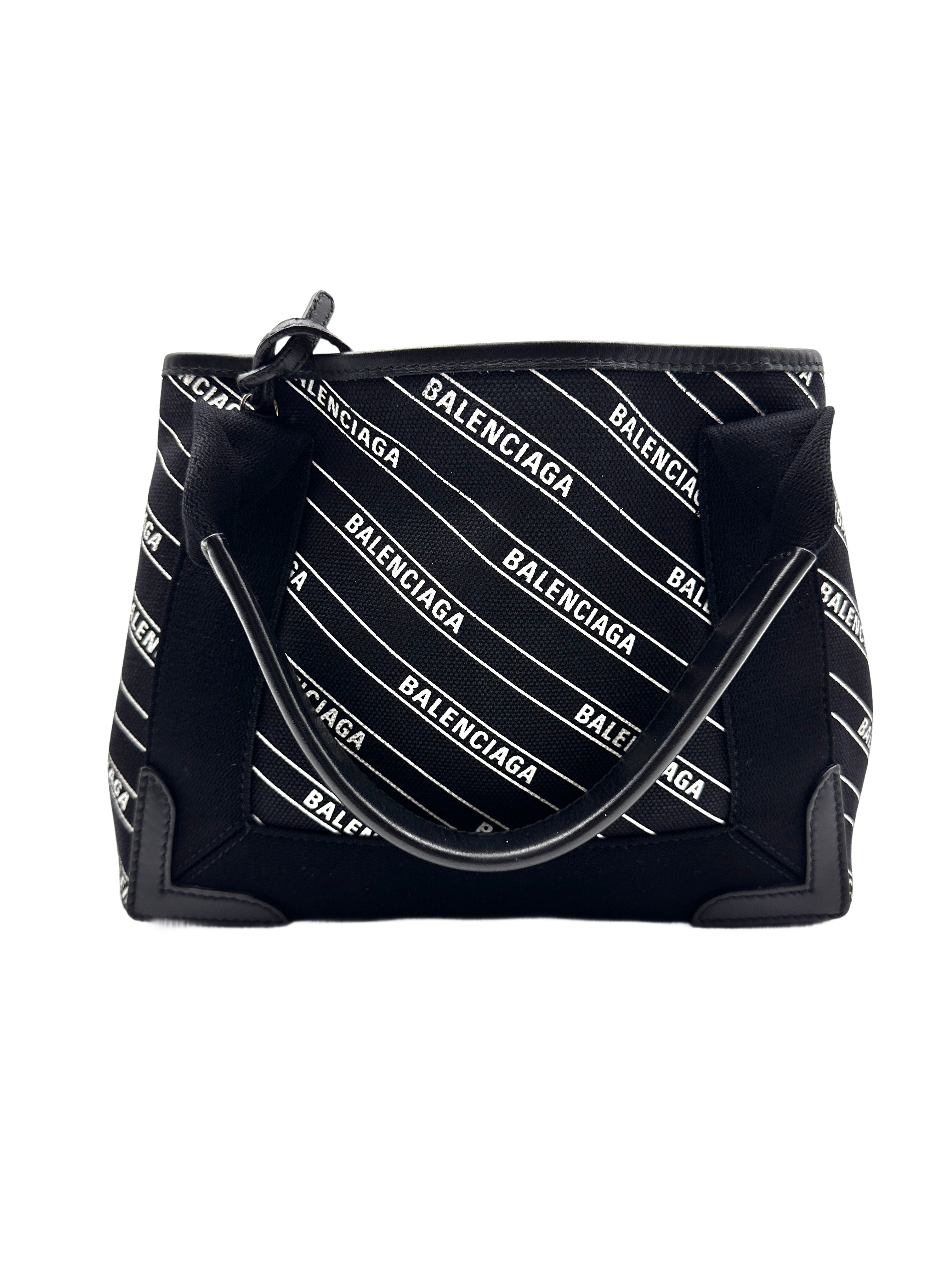Balenciaga Calfskin Cotton Canvas Logo Print Navy Cabas XS Black/White BB46