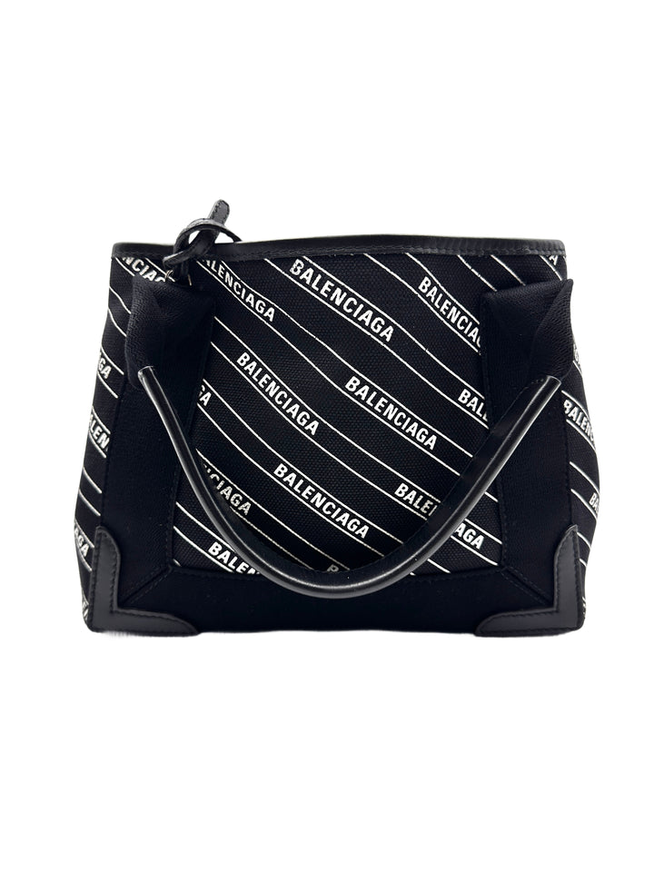Balenciaga Calfskin Cotton Canvas Logo Print Navy Cabas XS Black/White BB46