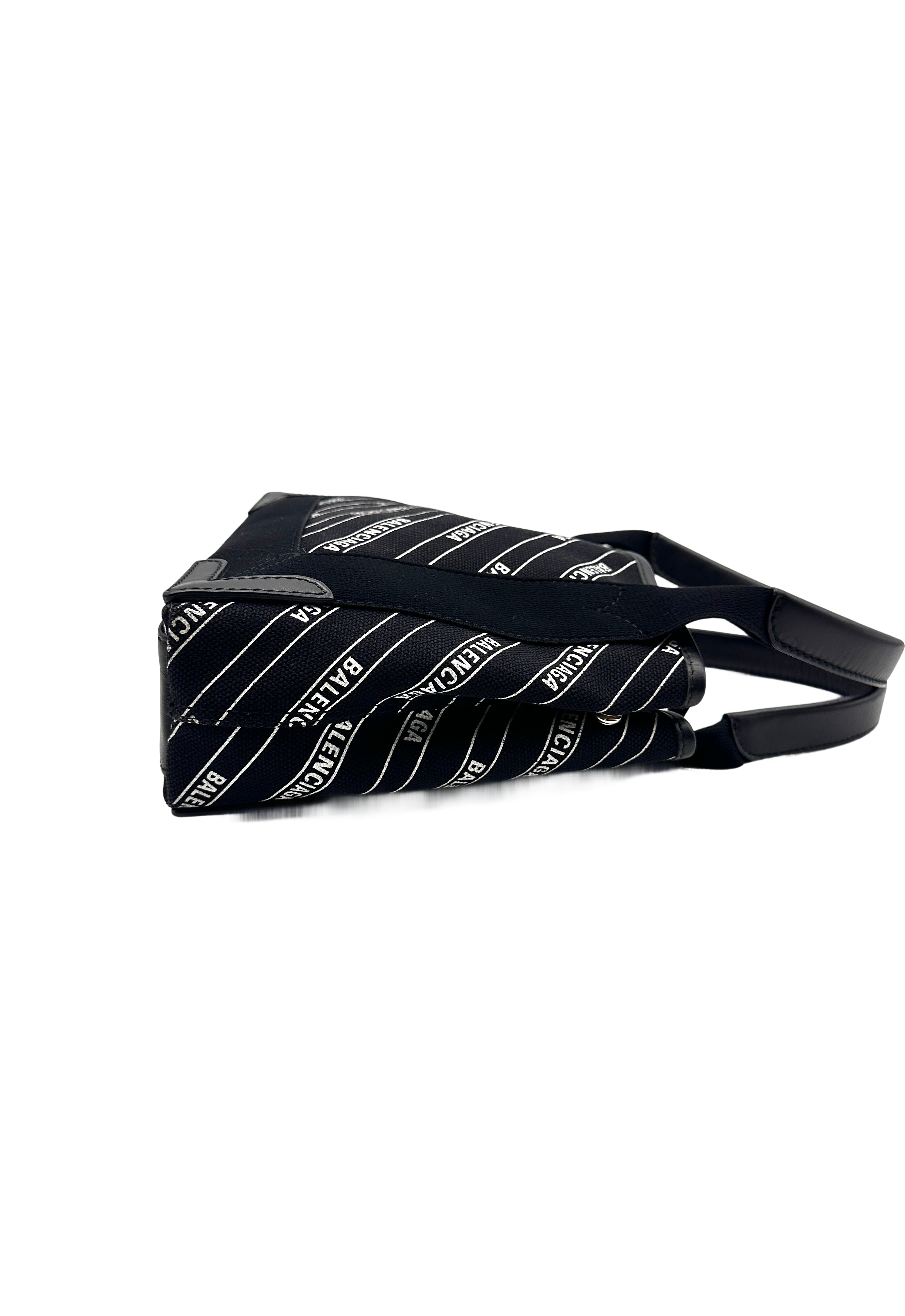 Balenciaga Calfskin Cotton Canvas Logo Print Navy Cabas XS Black/White BB46