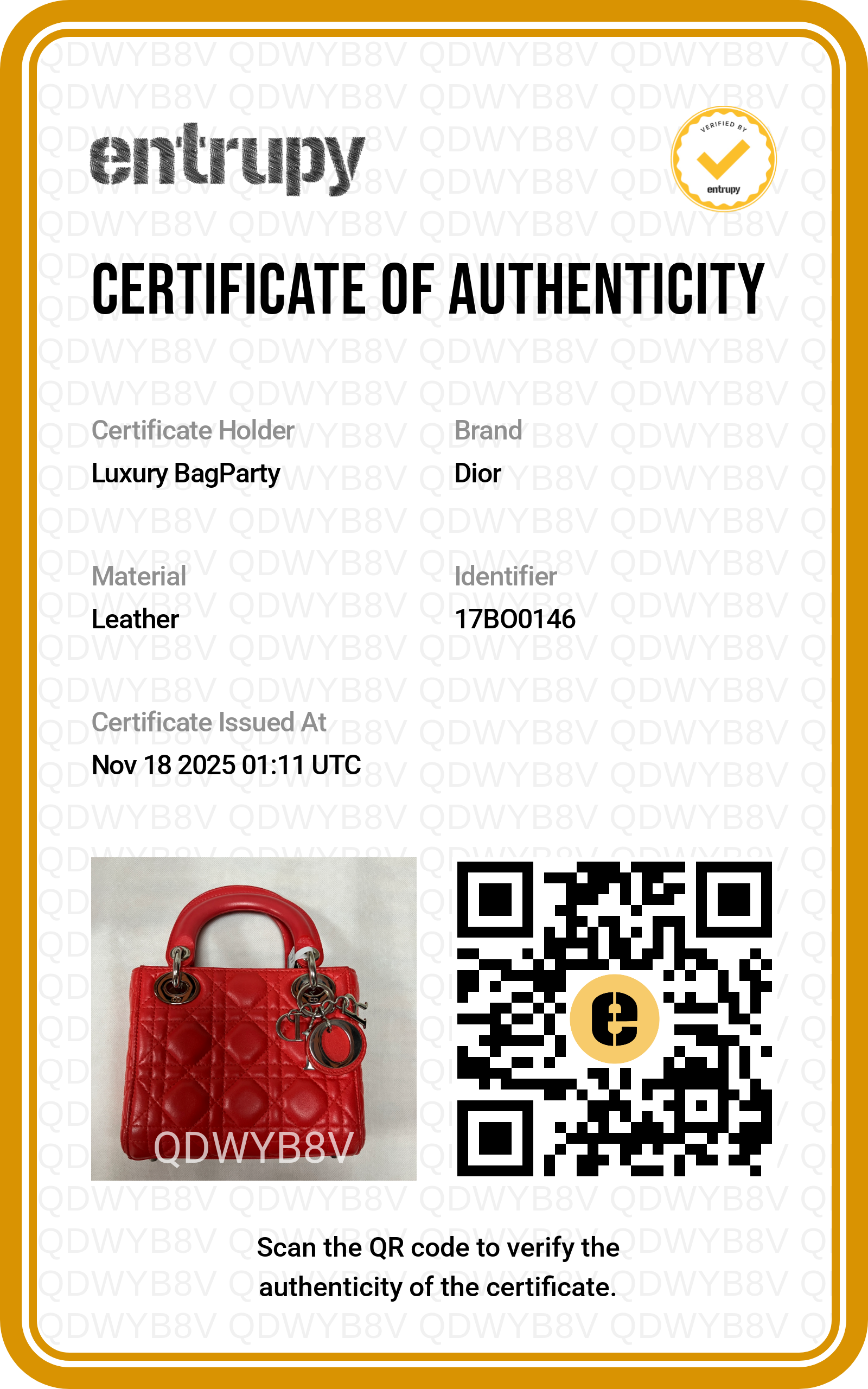 DR417 Dior Lambskin Leather Lady Dior Bag Small Red DR417