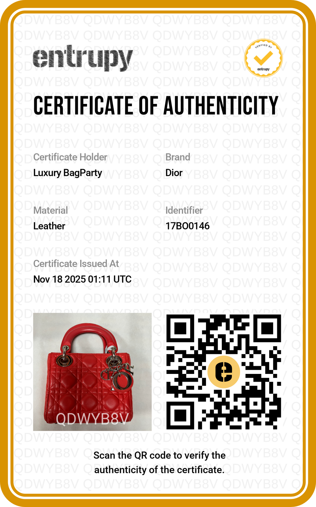 DR417 Dior Lambskin Leather Lady Dior Bag Small Red DR417