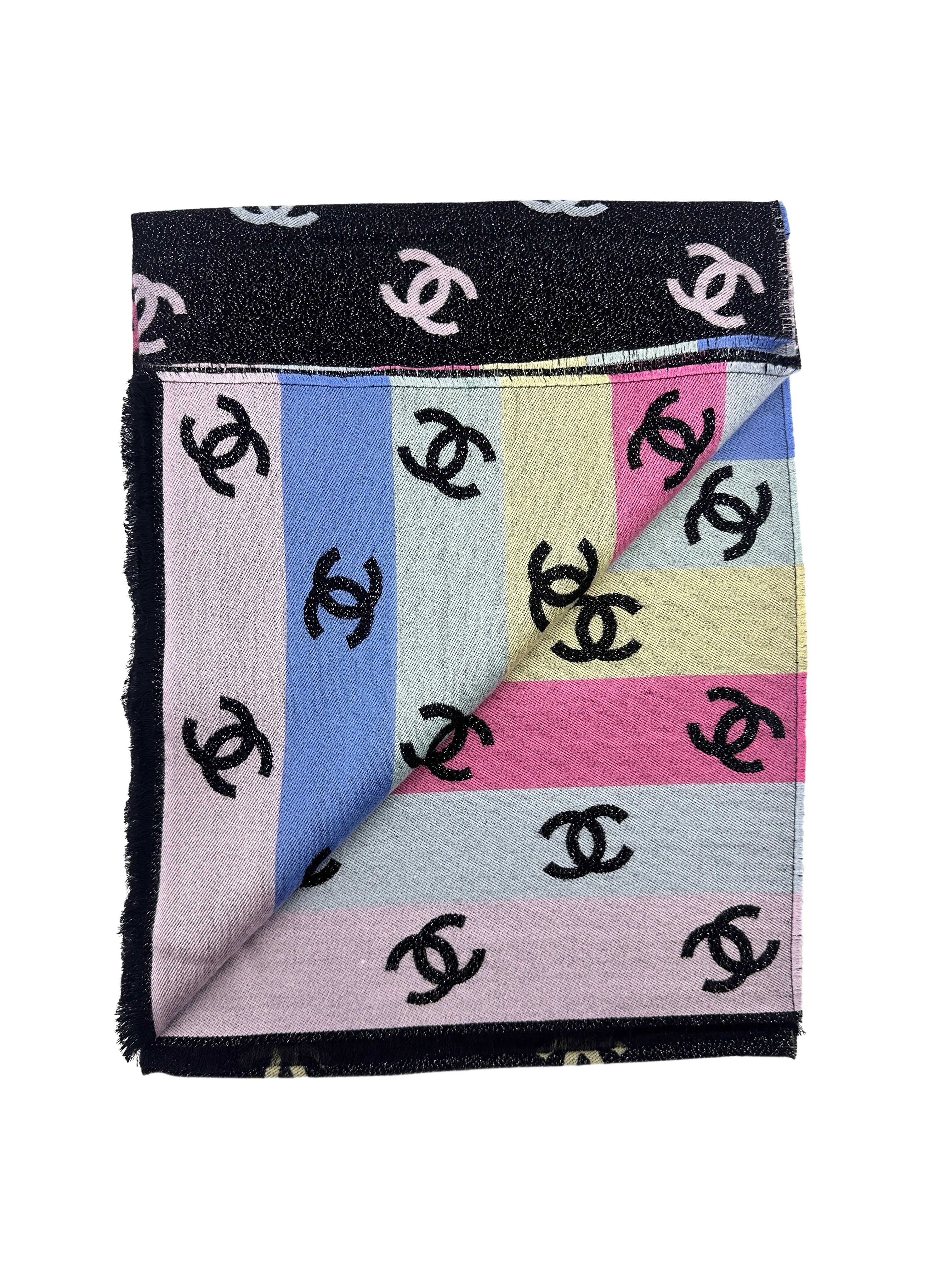 Chanel Rainbow Shiny Multicolor CC Logo Cashmere Wool Scarf  2024 Style CCS02