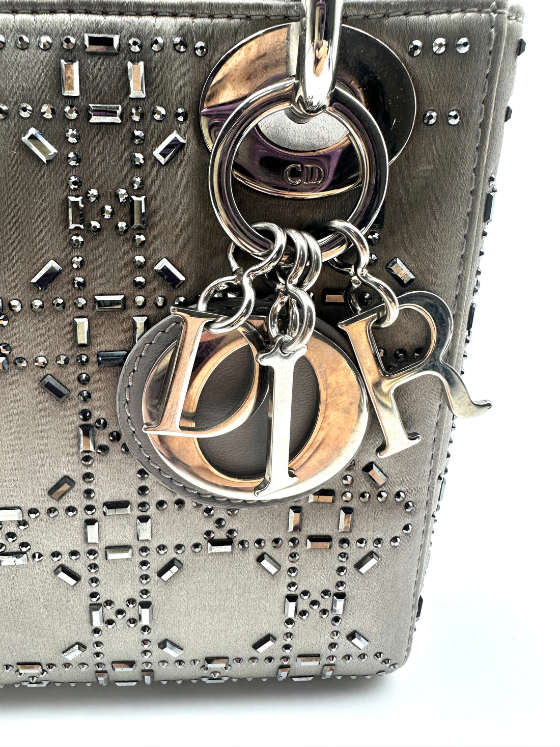 Dior Three-Compartment Satin Crystal-Studded Lady Dior Bag  Gray DR345