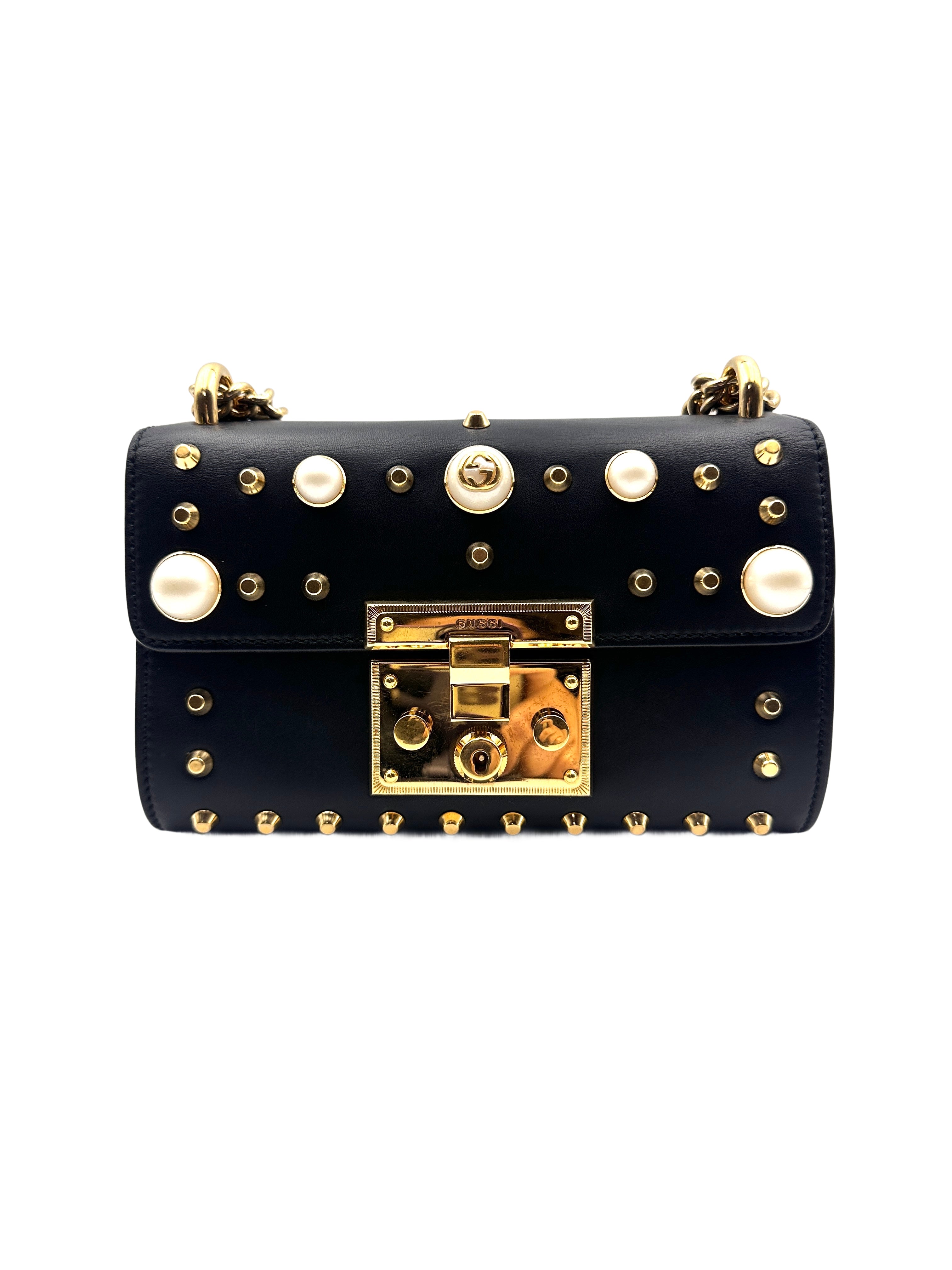 Gucci Padlock Small Black Full Leather Pearl Moonlight Jewelry Box GG606