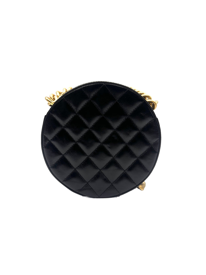 Chanel Waxed Cowhide Star Moon Pendant Round Disc Handbag Black Gold (25***12) CC921