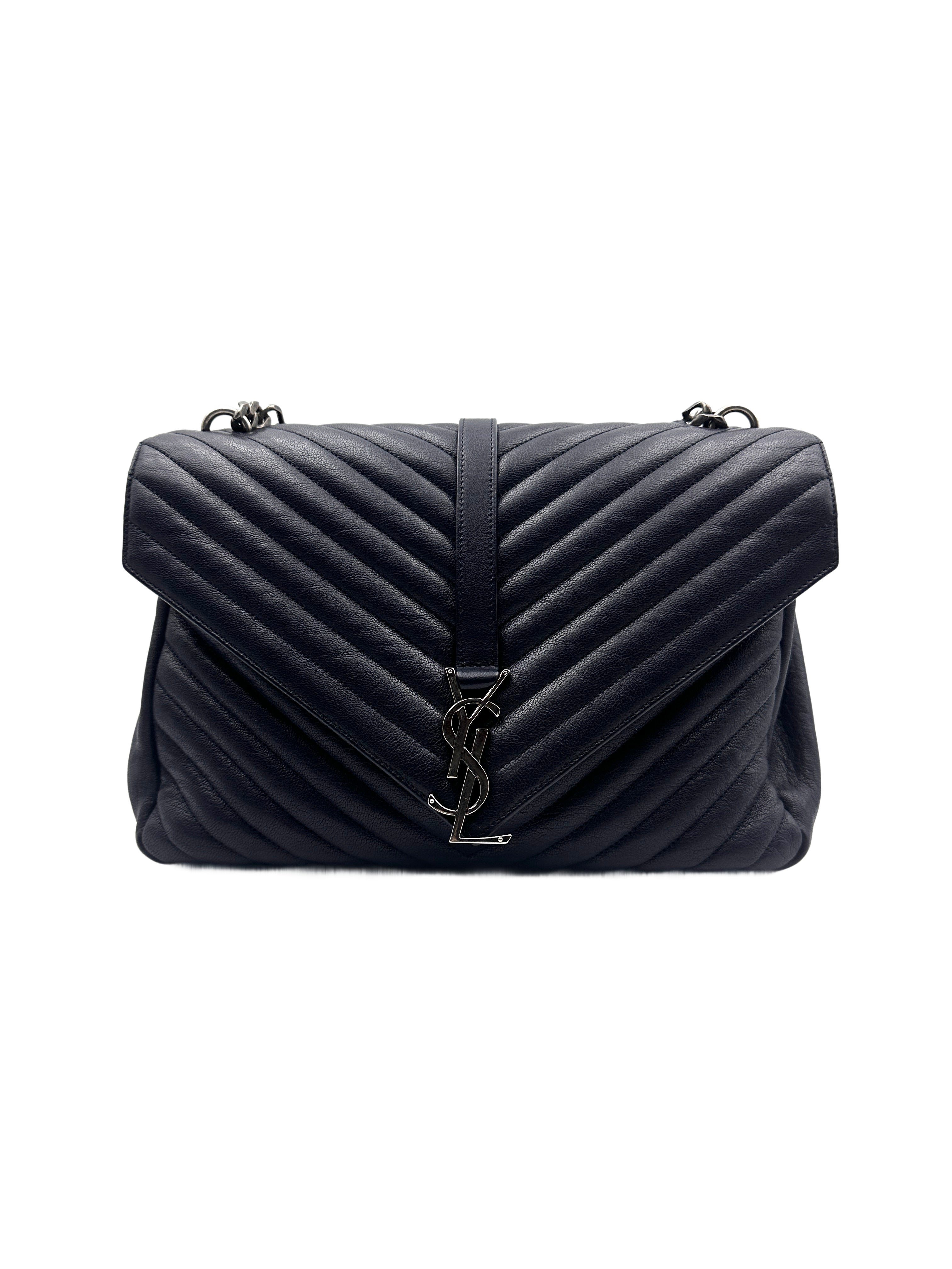 YSL College Large Full Leather V-Stitch Flap Bag in Dark Blue SL145