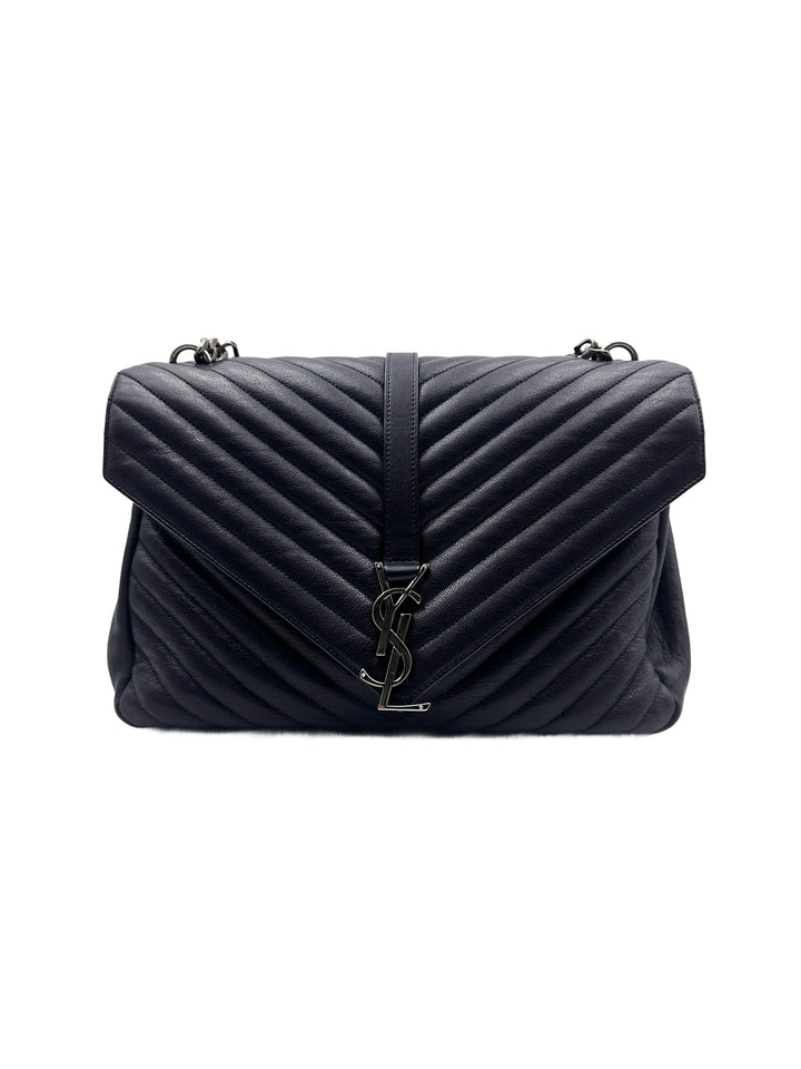 YSL College Large Full Leather V-Stitch Flap Bag in Dark Blue SL145