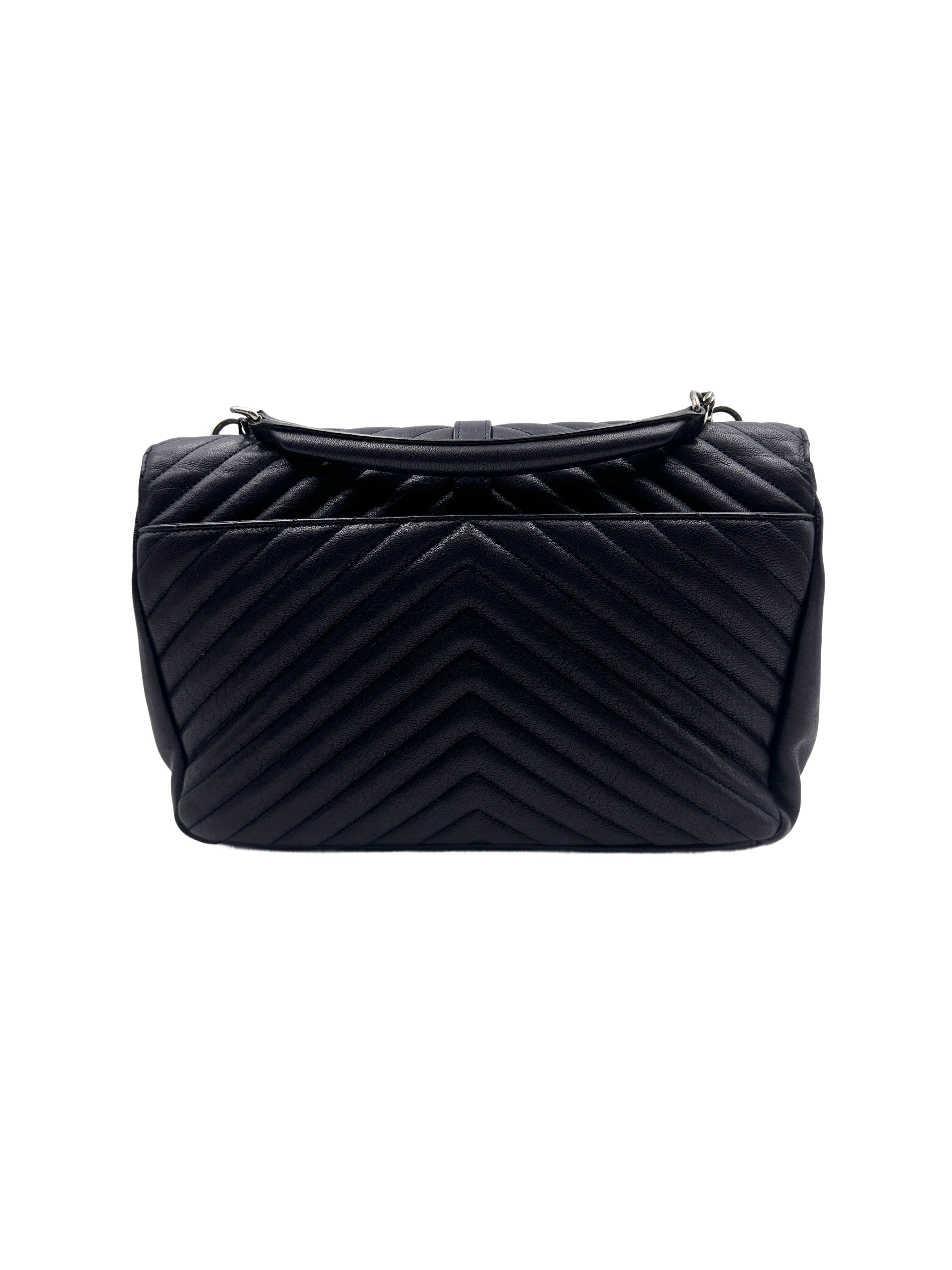 YSL College Large Full Leather V-Stitch Flap Bag in Dark Blue SL145