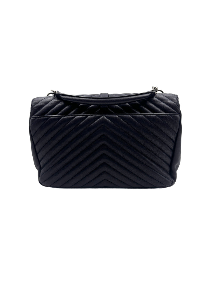 YSL College Large Full Leather V-Stitch Flap Bag in Dark Blue SL145