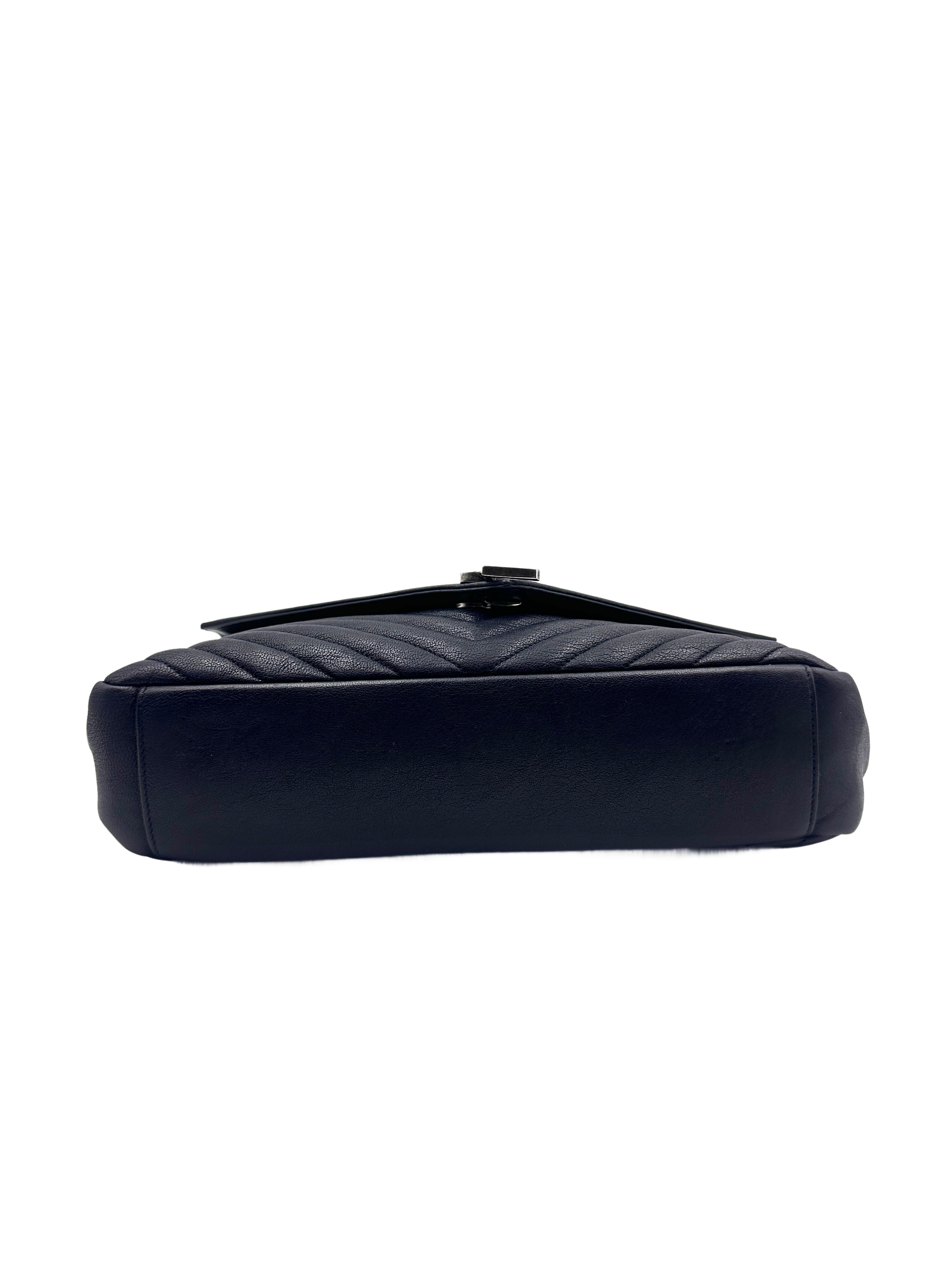 YSL College Large Full Leather V-Stitch Flap Bag in Dark Blue SL145
