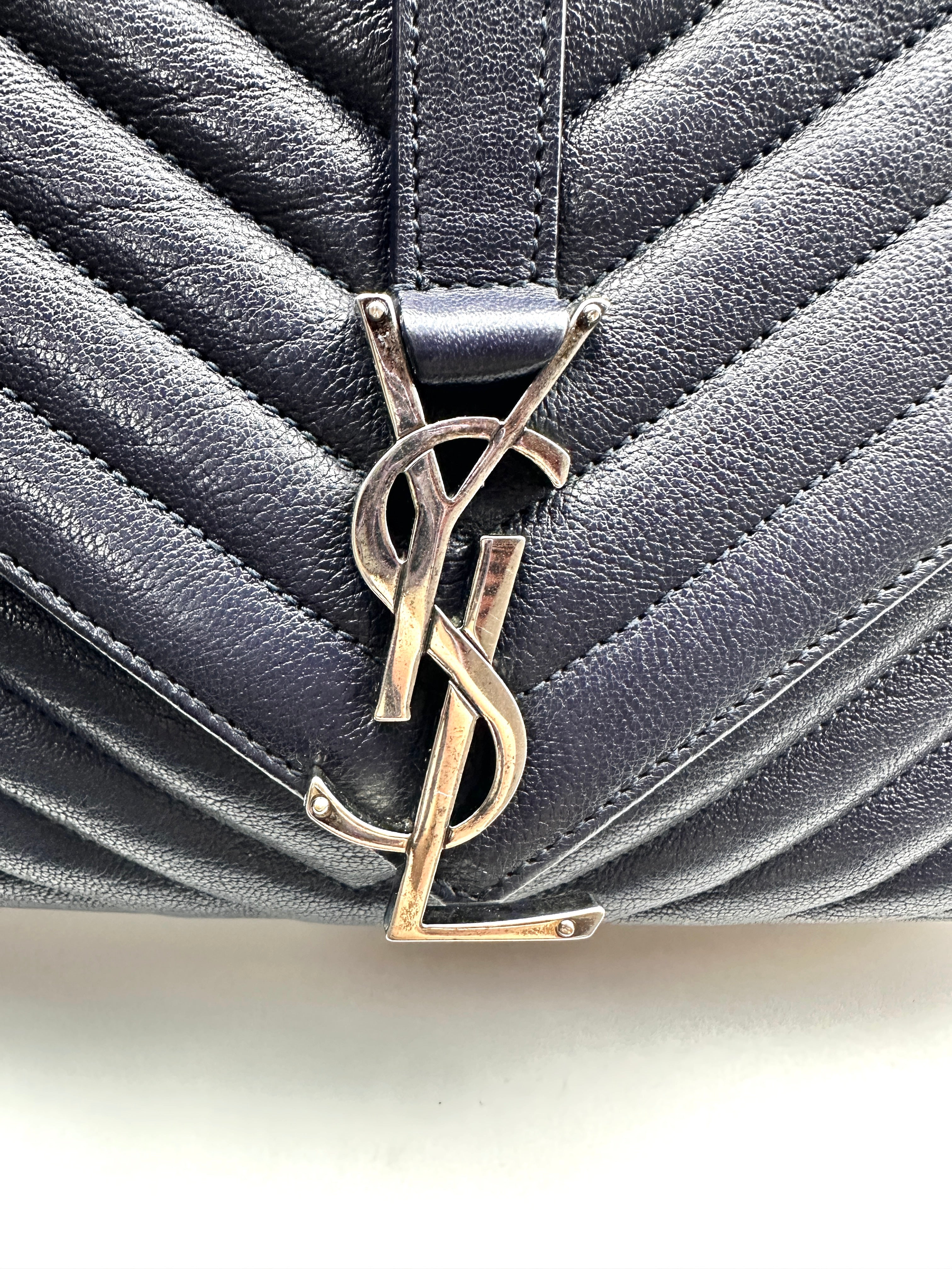 YSL College Large Full Leather V-Stitch Flap Bag in Dark Blue SL145