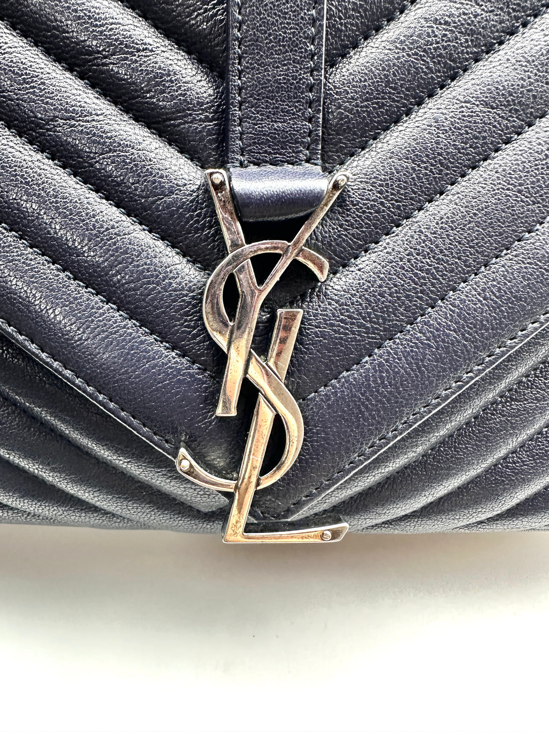 YSL College Large Full Leather V-Stitch Flap Bag in Dark Blue SL145