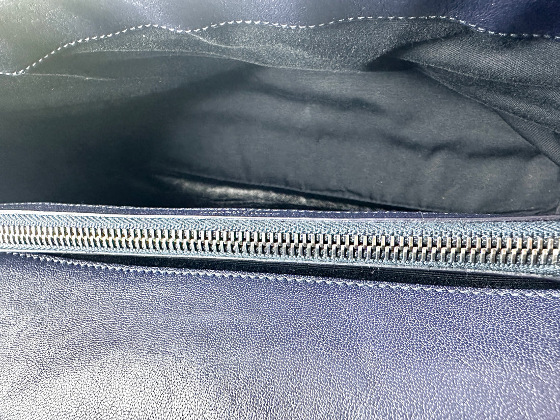 YSL College Large Full Leather V-Stitch Flap Bag in Dark Blue SL145