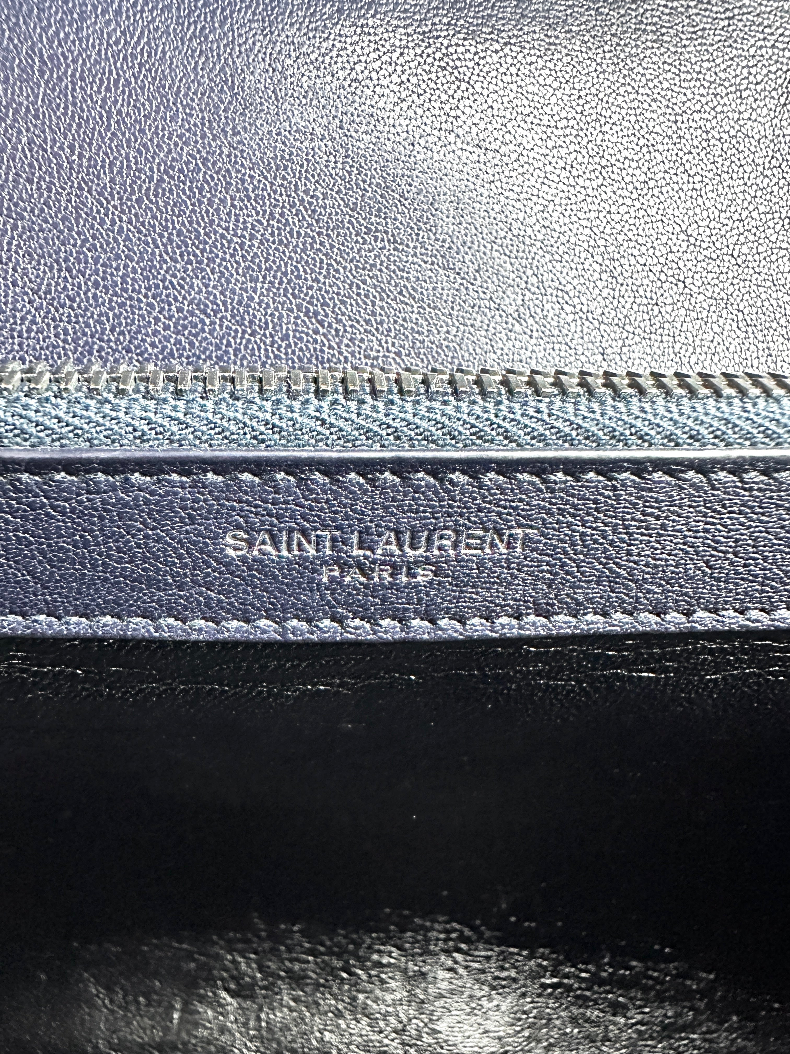 YSL College Large Full Leather V-Stitch Flap Bag in Dark Blue SL145