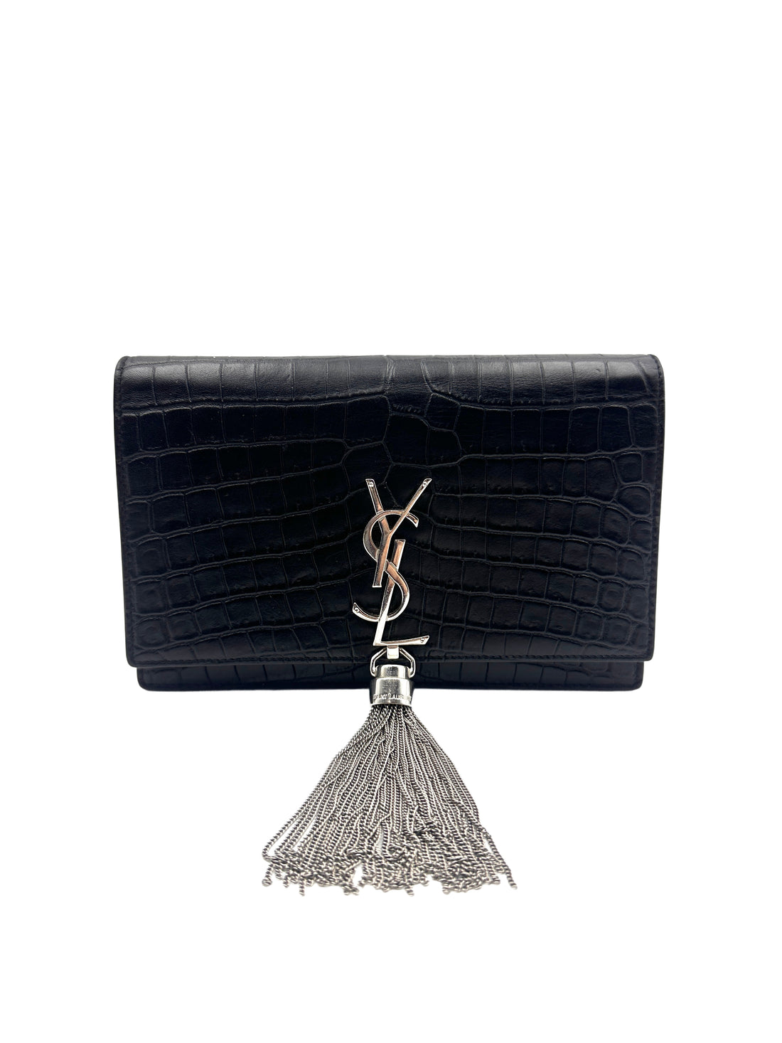 YSL Kate Crocodile Embossed Leather Small Size Chain Bag with a Silver-Tone Tassel  SL144