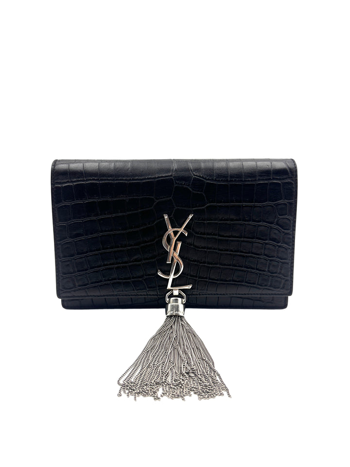 YSL Kate Crocodile Embossed Leather Small Size Chain Bag with a Silver-Tone Tassel  SL144