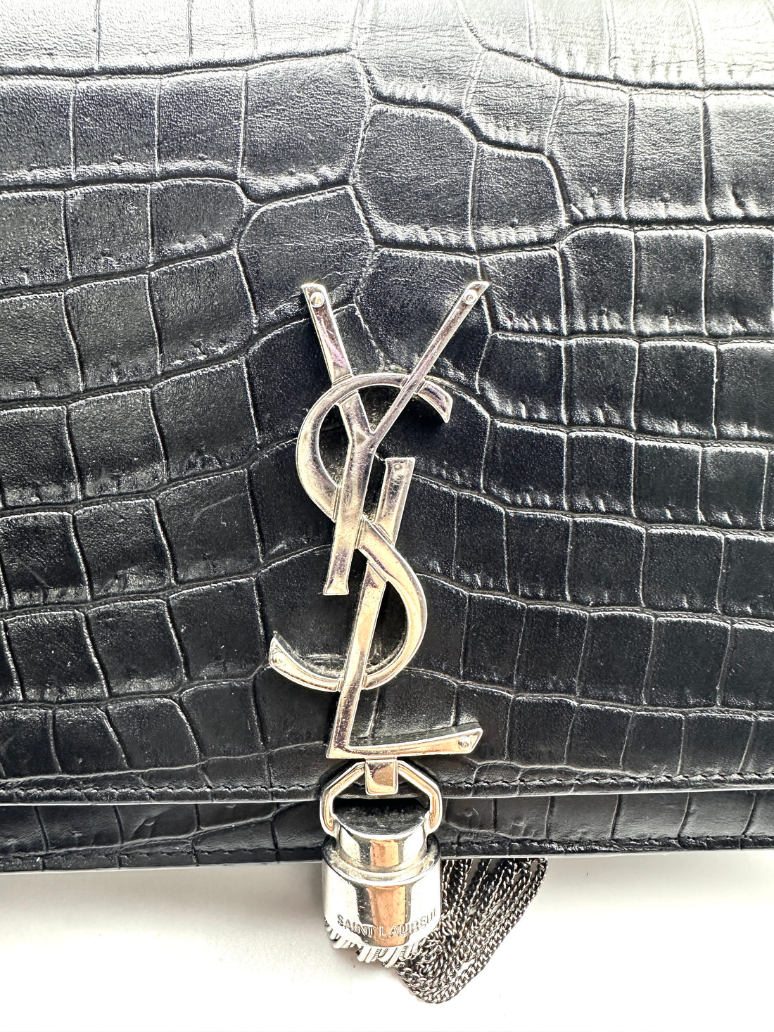 YSL Kate Crocodile Embossed Leather Small Size Chain Bag with a Silver-Tone Tassel  SL144