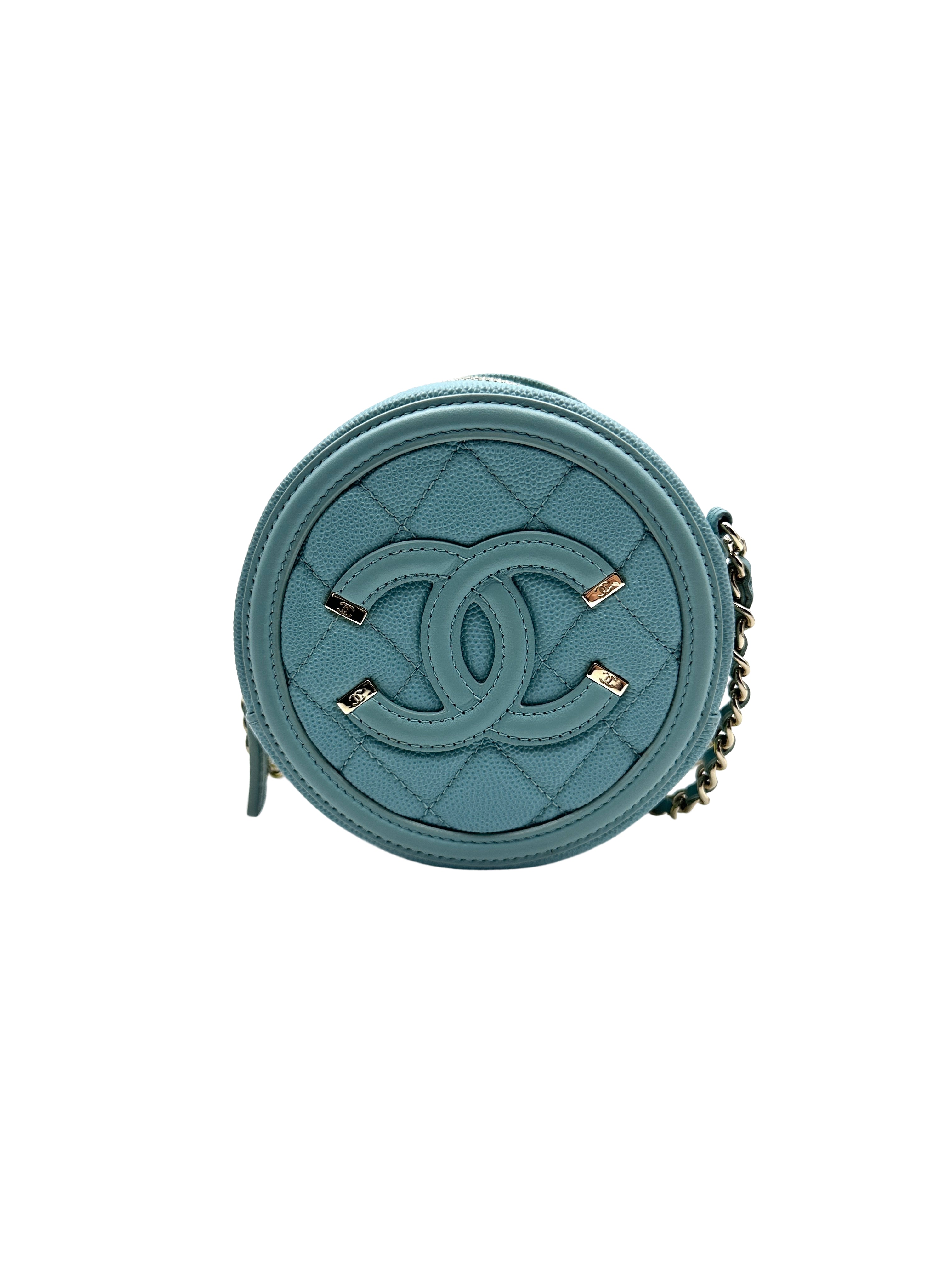 Chanel Lychee Calfskin Double C Logo Mini Round Pouch in Tiffany Blue(29***79) CC932