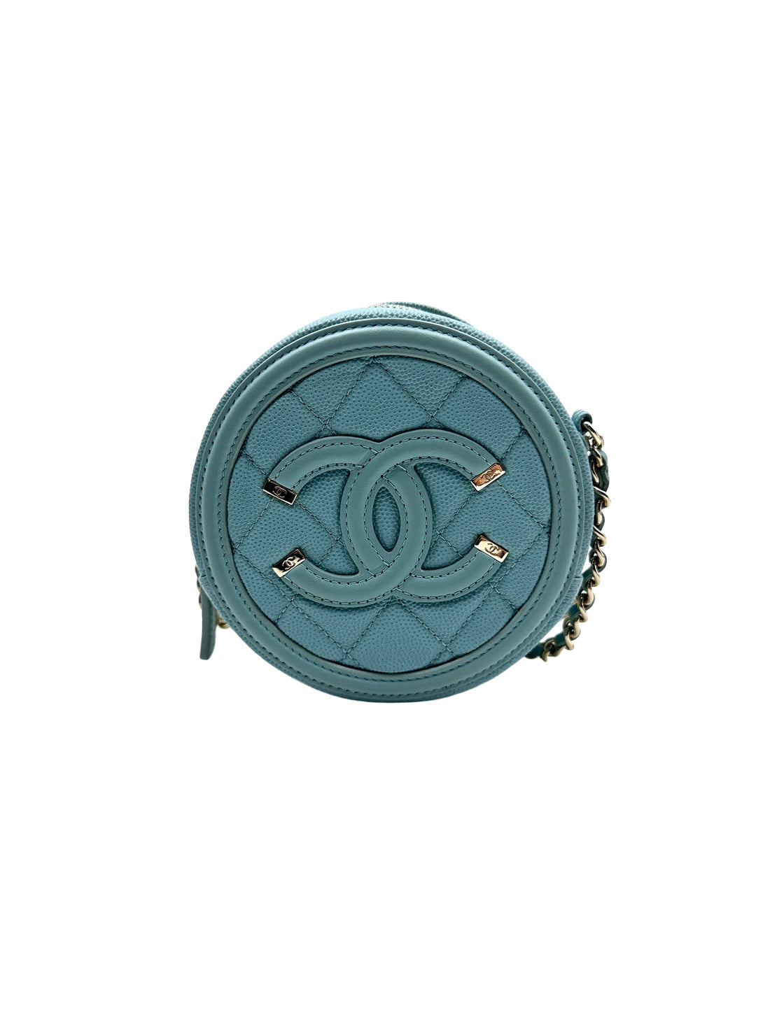 Chanel Lychee Calfskin Double C Logo Mini Round Pouch in Tiffany Blue(29***79) CC932