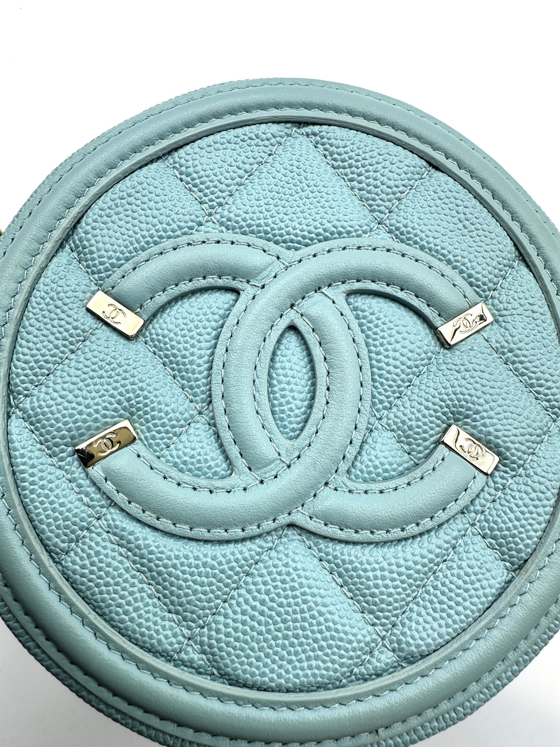 Chanel Lychee Calfskin Double C Logo Mini Round Pouch in Tiffany Blue(29***79) CC932