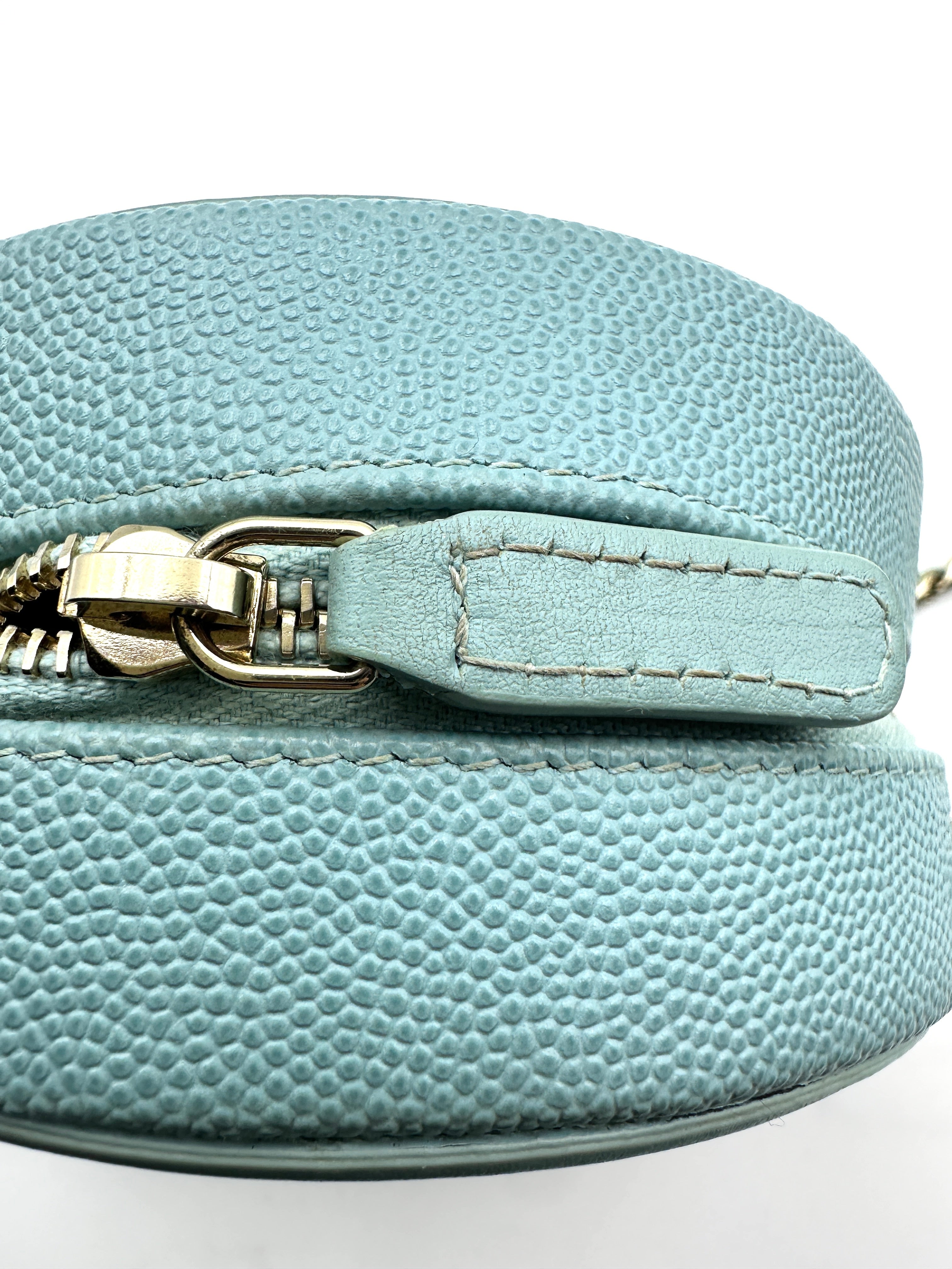 Chanel Lychee Calfskin Double C Logo Mini Round Pouch in Tiffany Blue(29***79) CC932