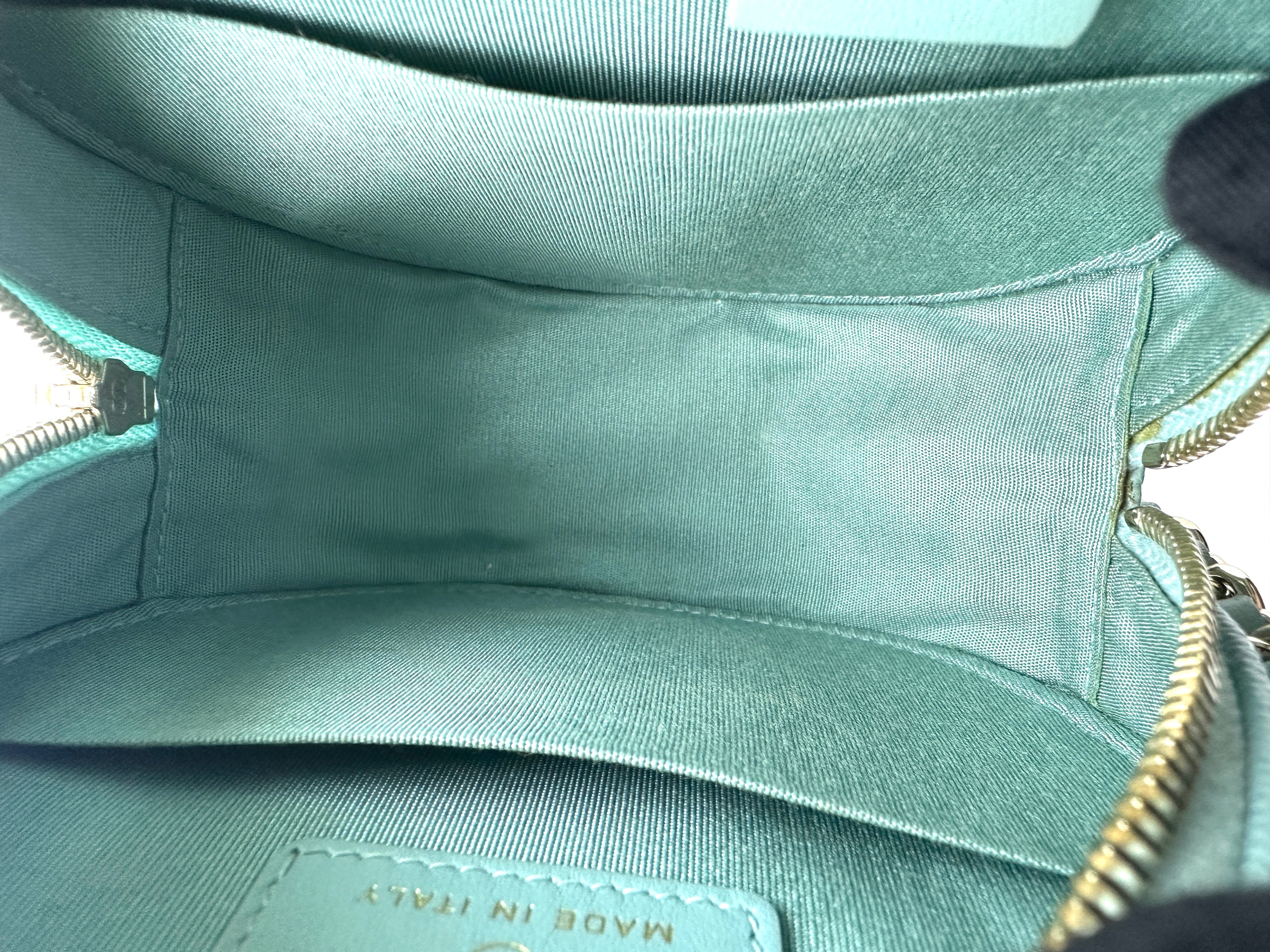 Chanel Lychee Calfskin Double C Logo Mini Round Pouch in Tiffany Blue(29***79) CC932