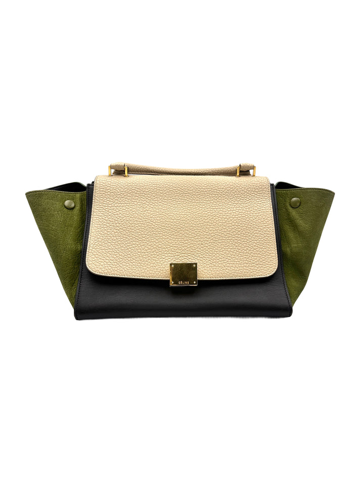 Celine Calfskin Tri-Color Trapeze Bag,Green,Black,Beige CE130