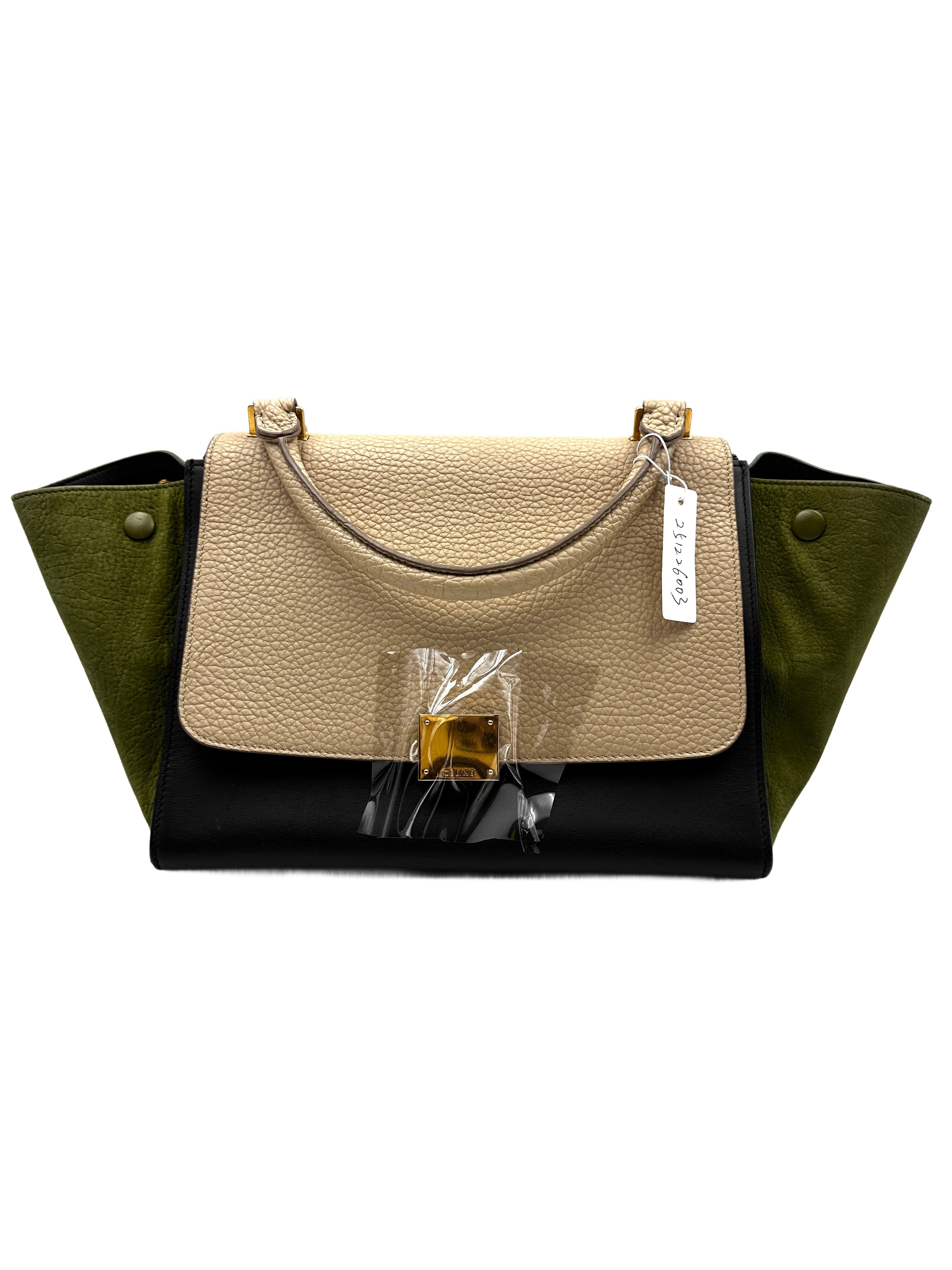 Celine Calfskin Tri-Color Trapeze Bag,Green,Black,Beige CE130