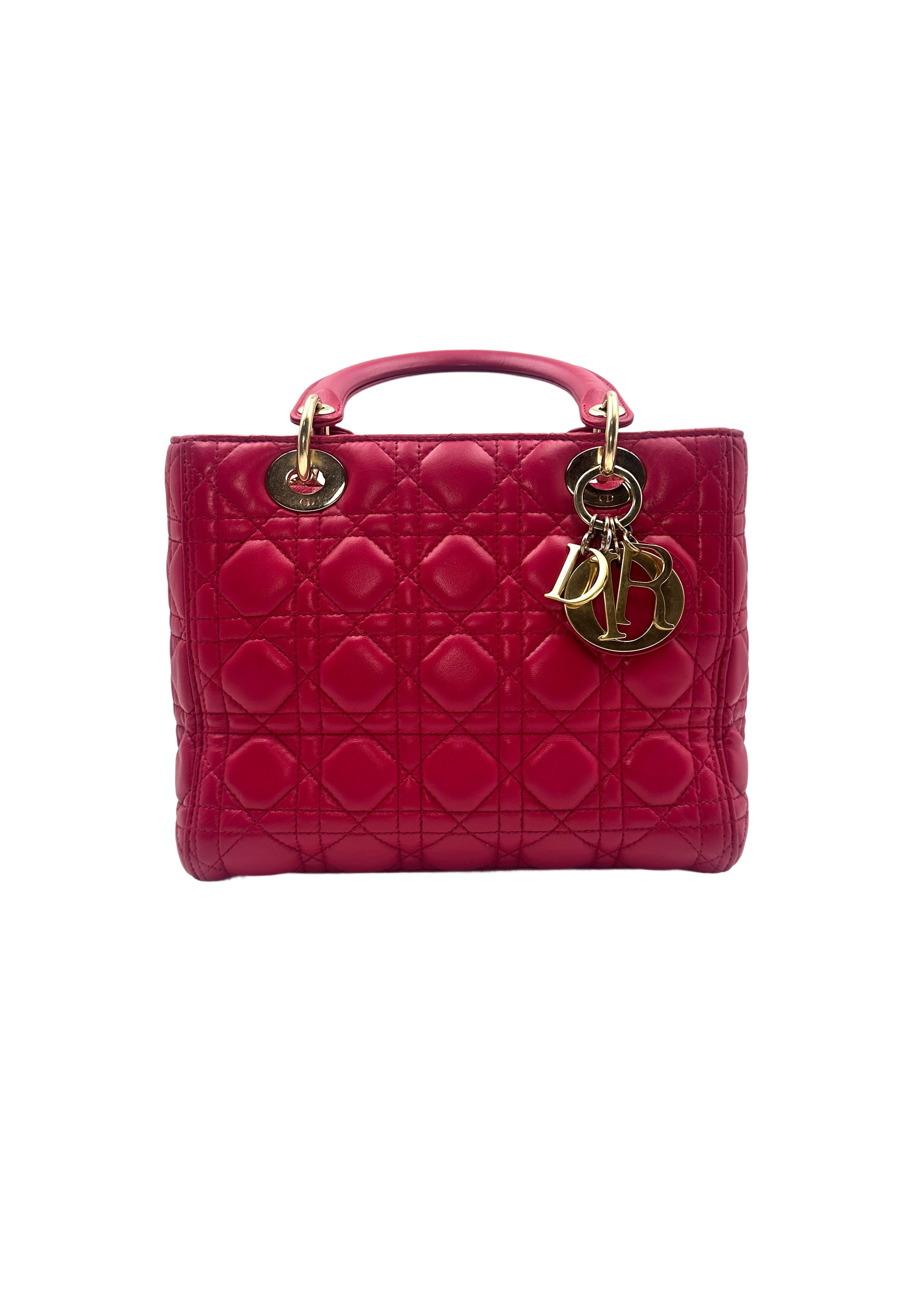 Christian Dior Lady Dior Lambskin Cannage in Cherry Red with Gold Buckle DR354