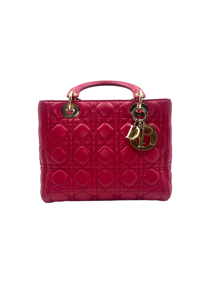 Christian Dior Lady Dior Lambskin Cannage in Cherry Red with Gold Buckle DR354