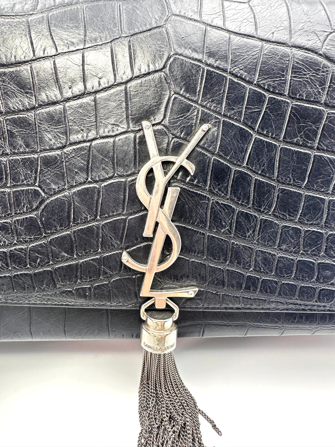 Saint Laurent Calfskin Crocodile Embossed Leather Medium Kate  Tassel Chain Shoulder Bag G009