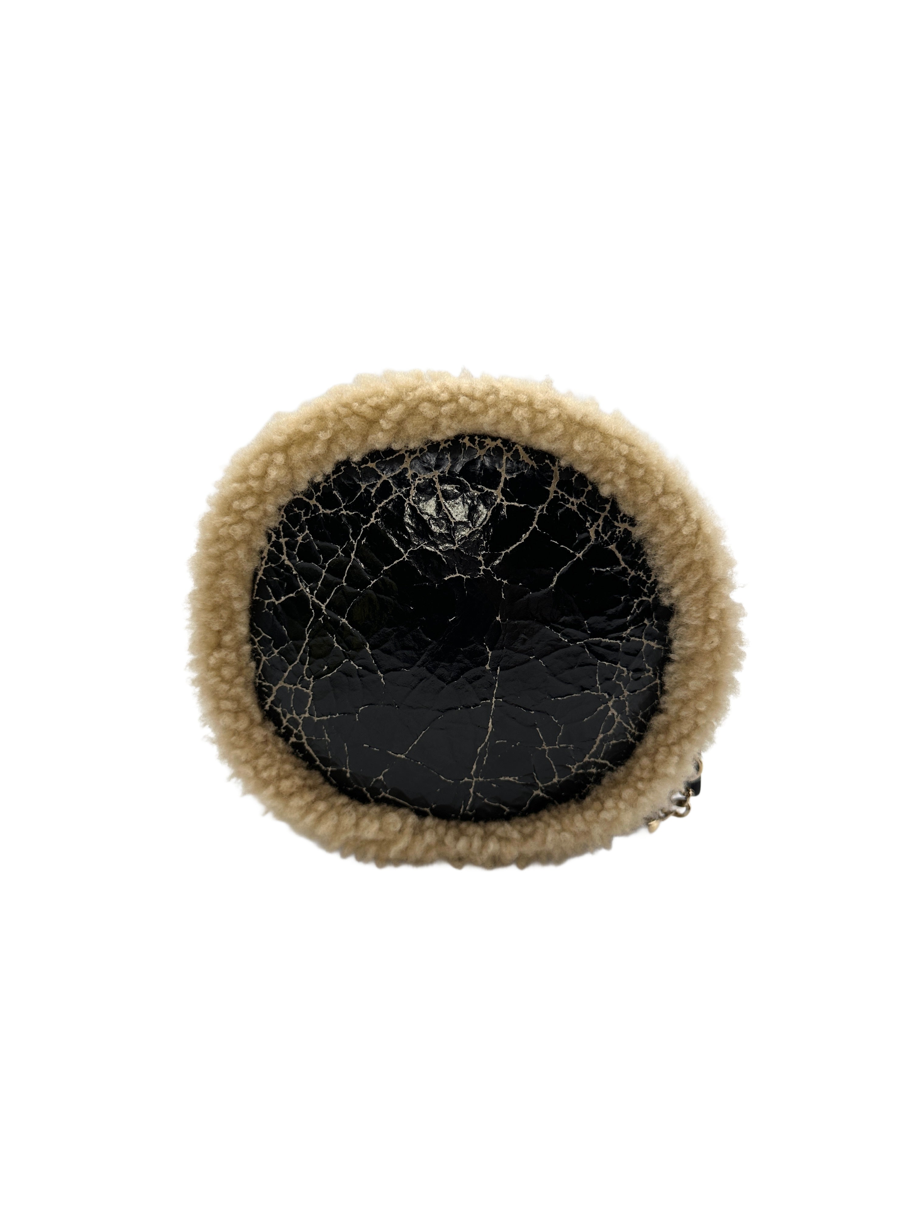 Chanel Black Shiny Crumpled Sheepskin Shearling Round Cluch Bag with Chain(28***44) CC1085