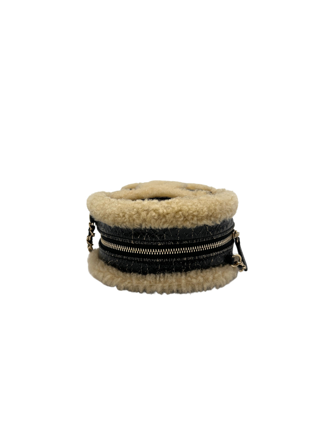 Chanel Black Shiny Crumpled Sheepskin Shearling Round Cluch Bag with Chain(28***44) CC1085