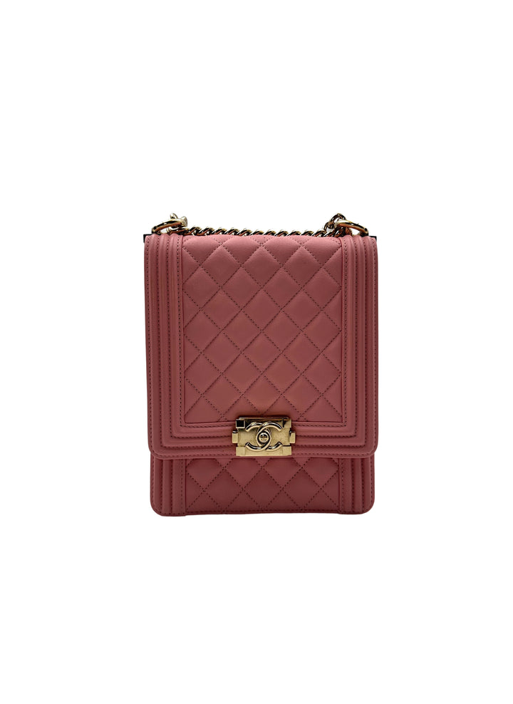 Chanel Pink Quilted Caviar Leather North South Vertical Boy Bag with Gold Buckle(27***26) CC1086