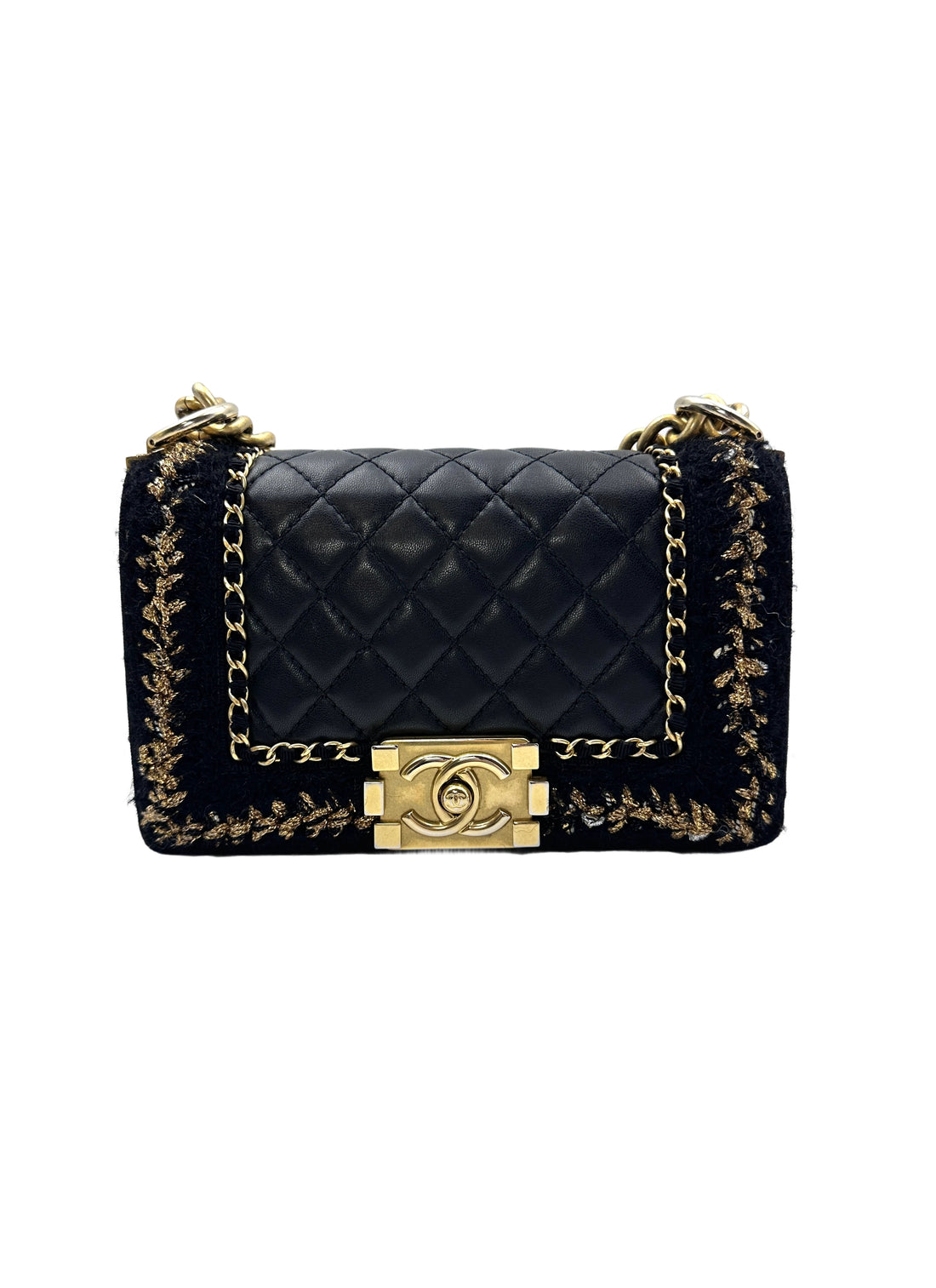 Chanel  Small Size Lambskin Tweed Jacket Boy Chain Shoulder Bag Black with Gold Hardware (23***57）CC1081
