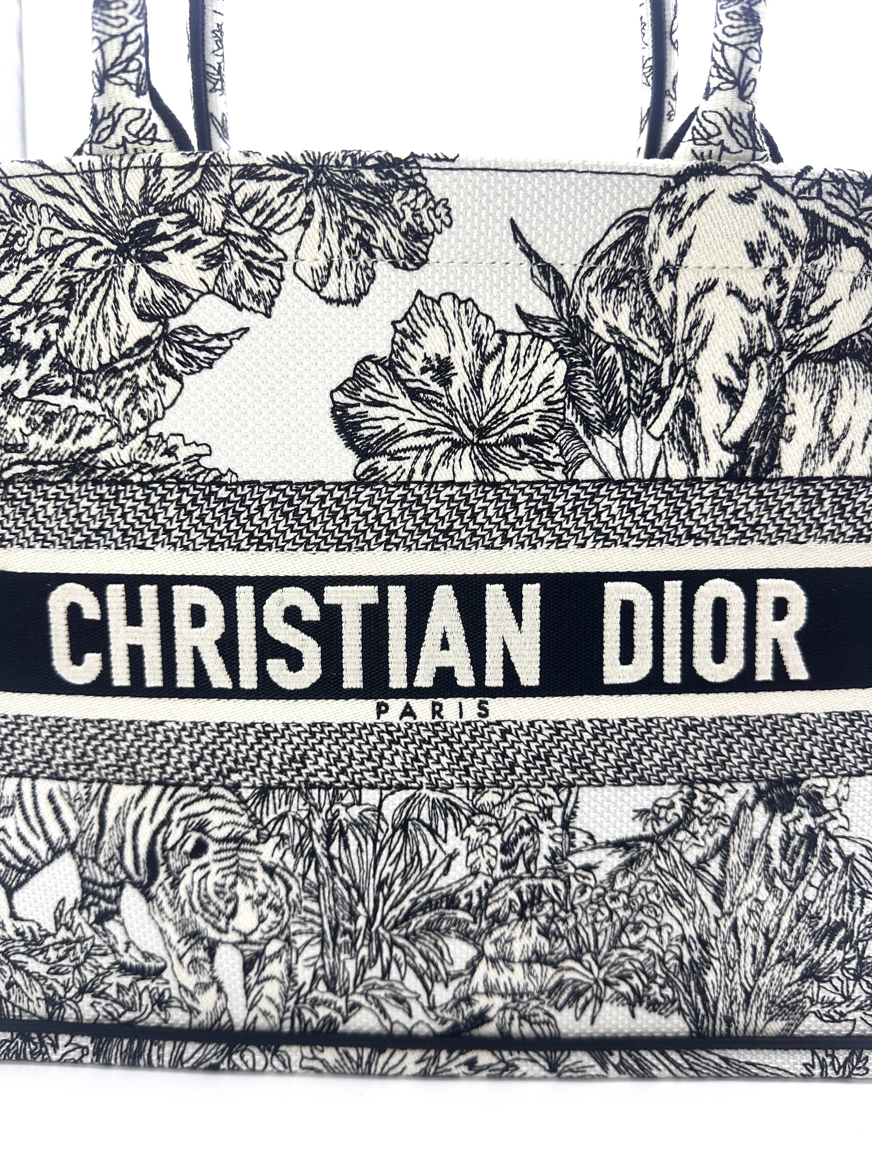 Christian Dior Black/White Toile De Jouy  Embroideried Canvas Medium Book Tote Bag DRH