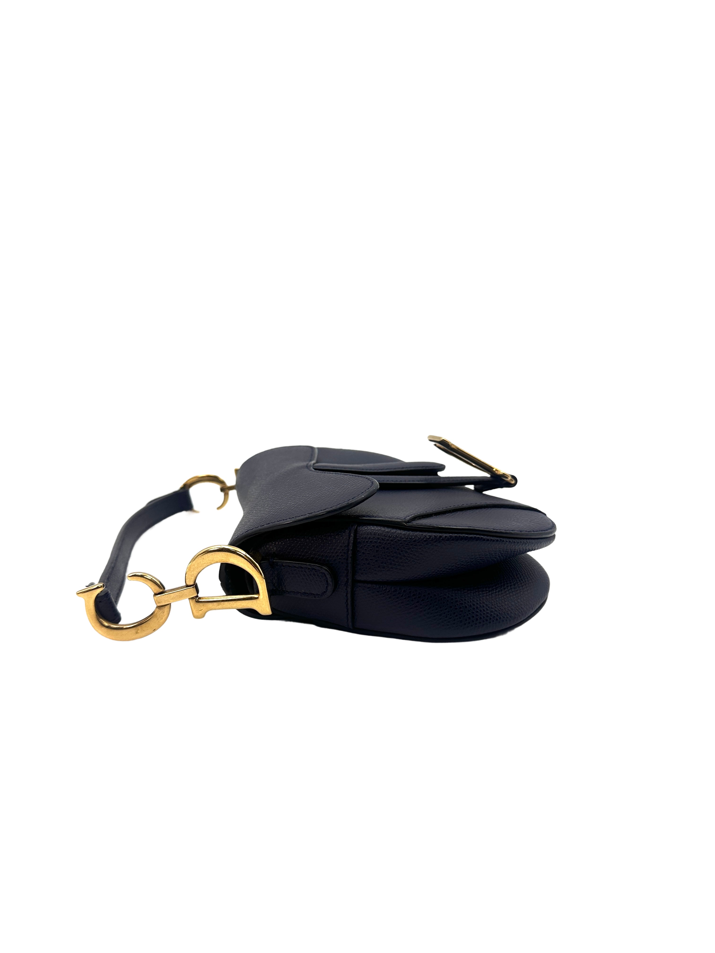 Christian Dior Grained Calfskin Saddle Bag Deep Ocean Blue Small Crossbody Bag DR365