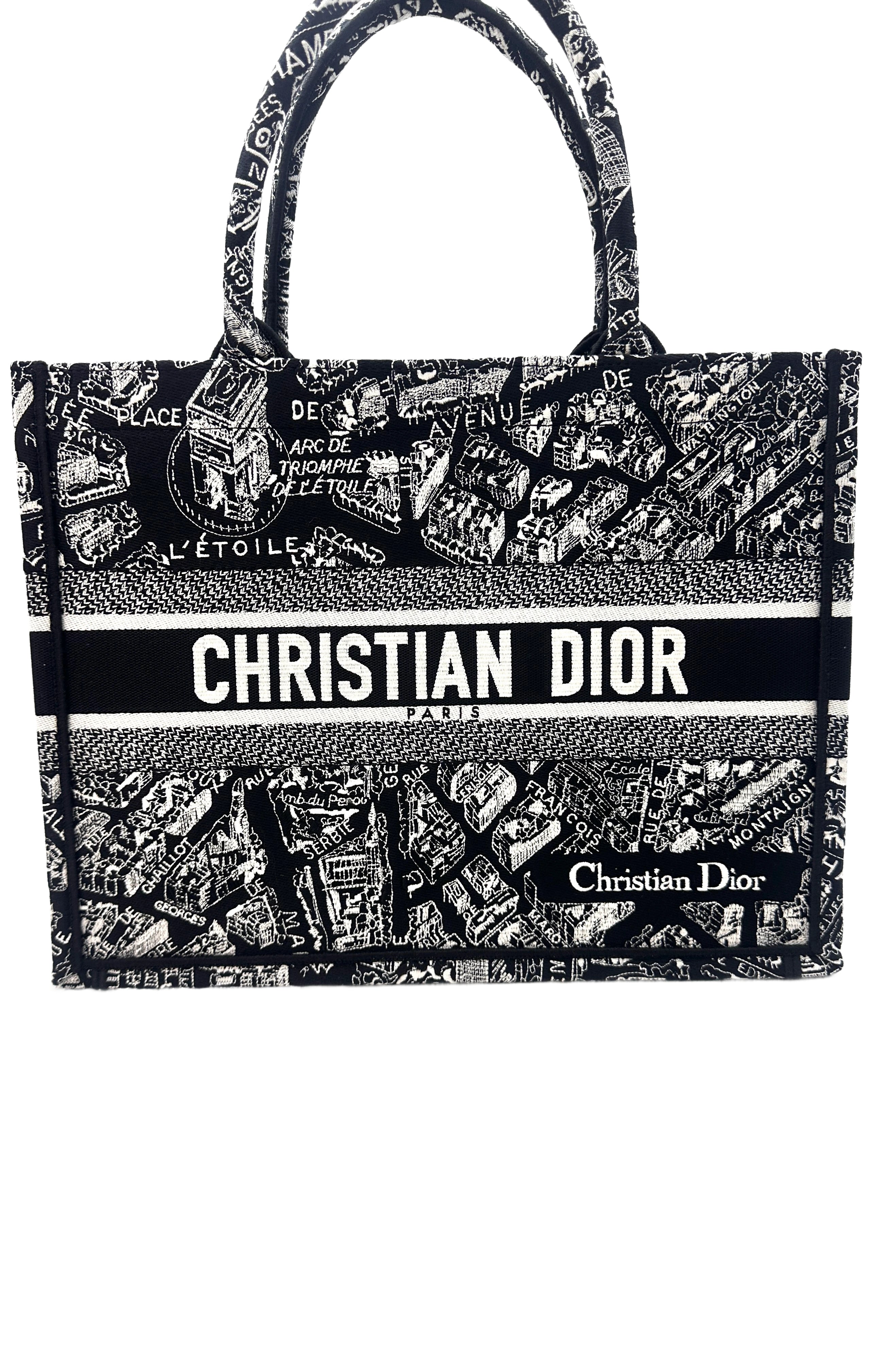 Christian Dior Black and White Plan de Paris  Embroidery Medium Book Tote Bag Black DRF