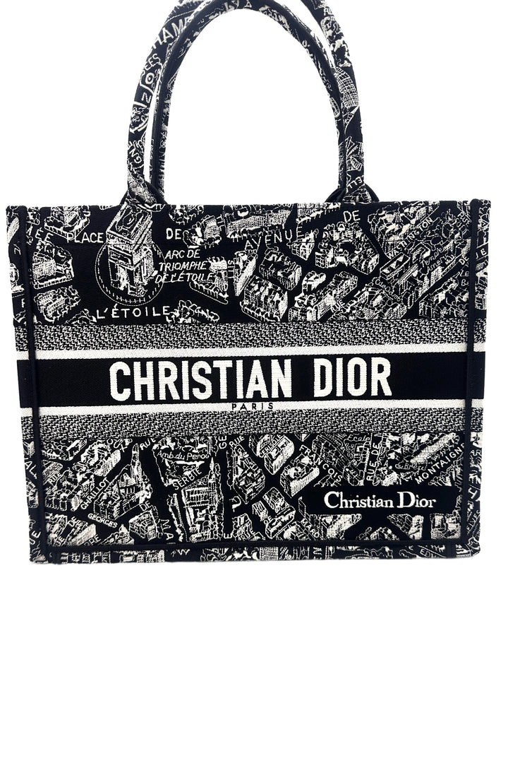 Christian Dior Black and White Plan de Paris  Embroidery Medium Book Tote Bag Black DRF