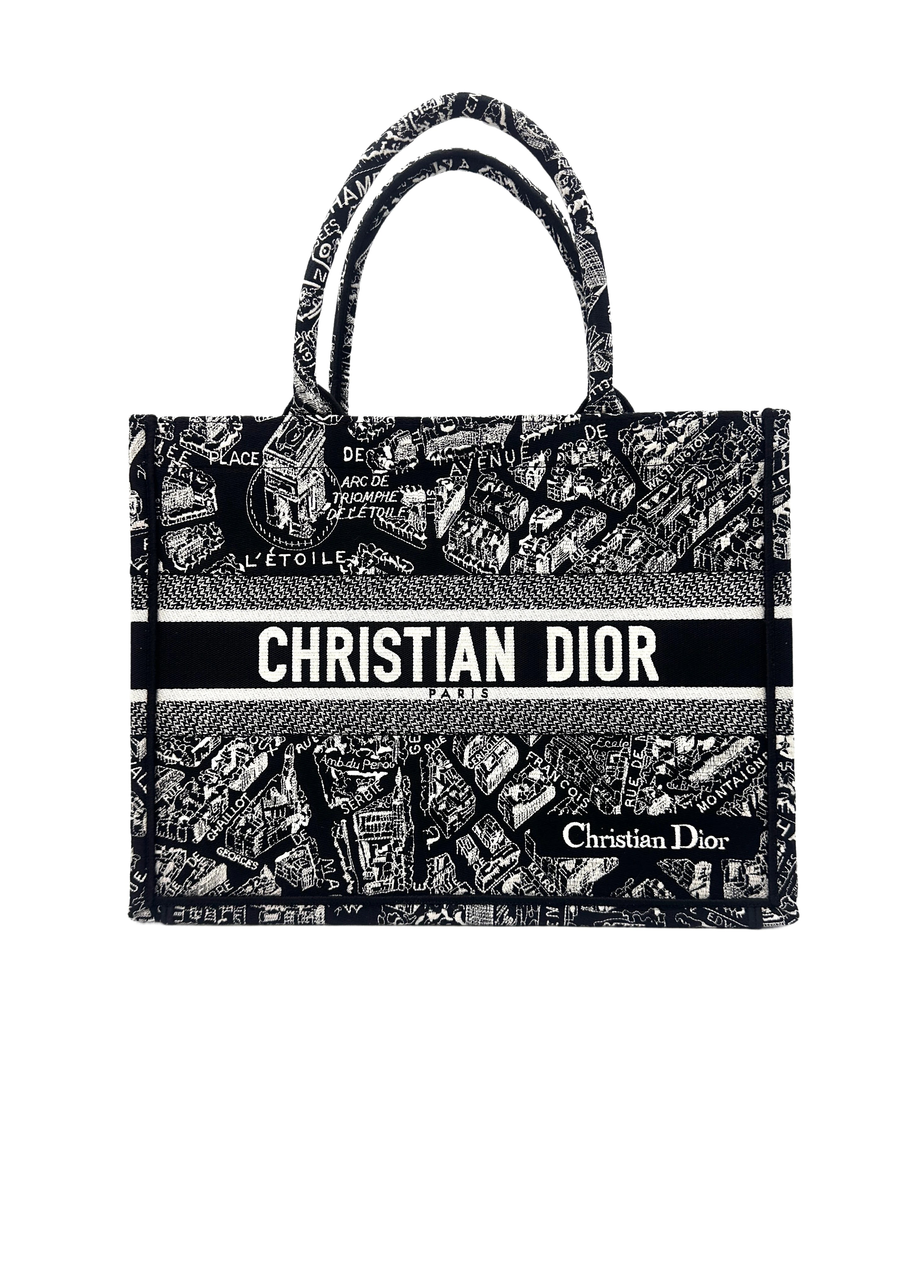 Christian Dior Black and White Plan de Paris  Embroidery Medium Book Tote Bag Black DRF
